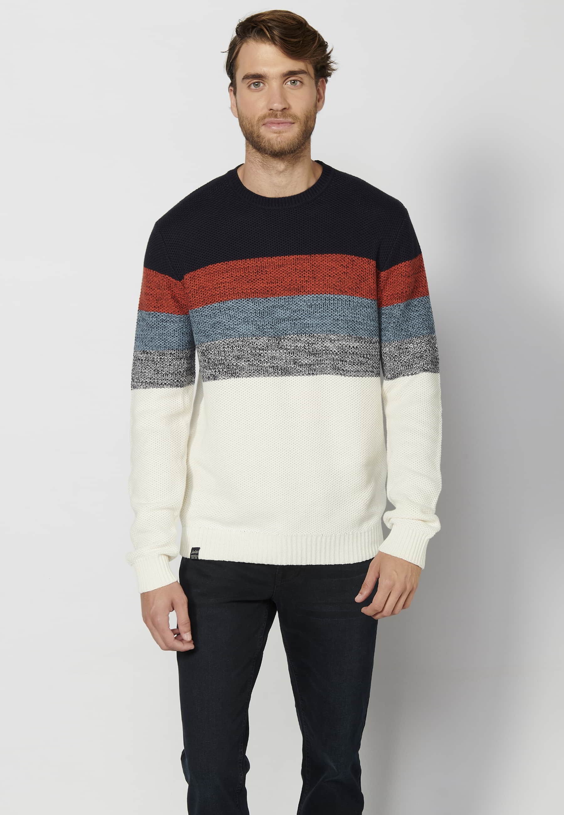 Pull manches longues en coton rayé marine pour Homme