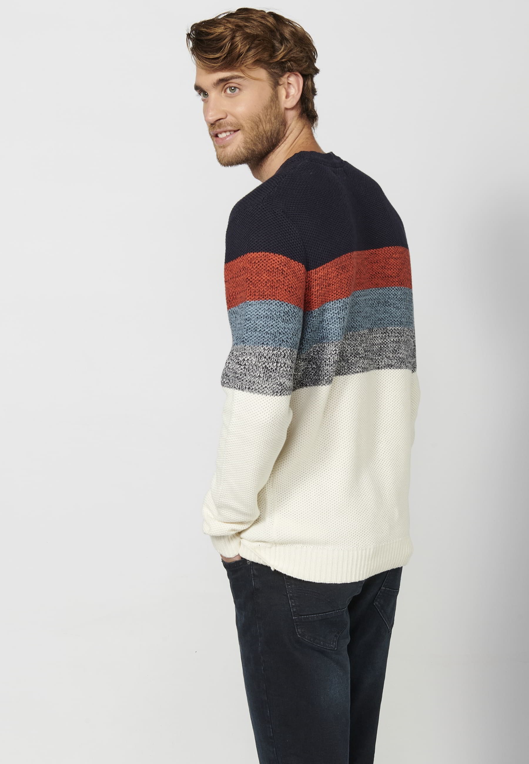 Pull manches longues en coton rayé marine pour Homme