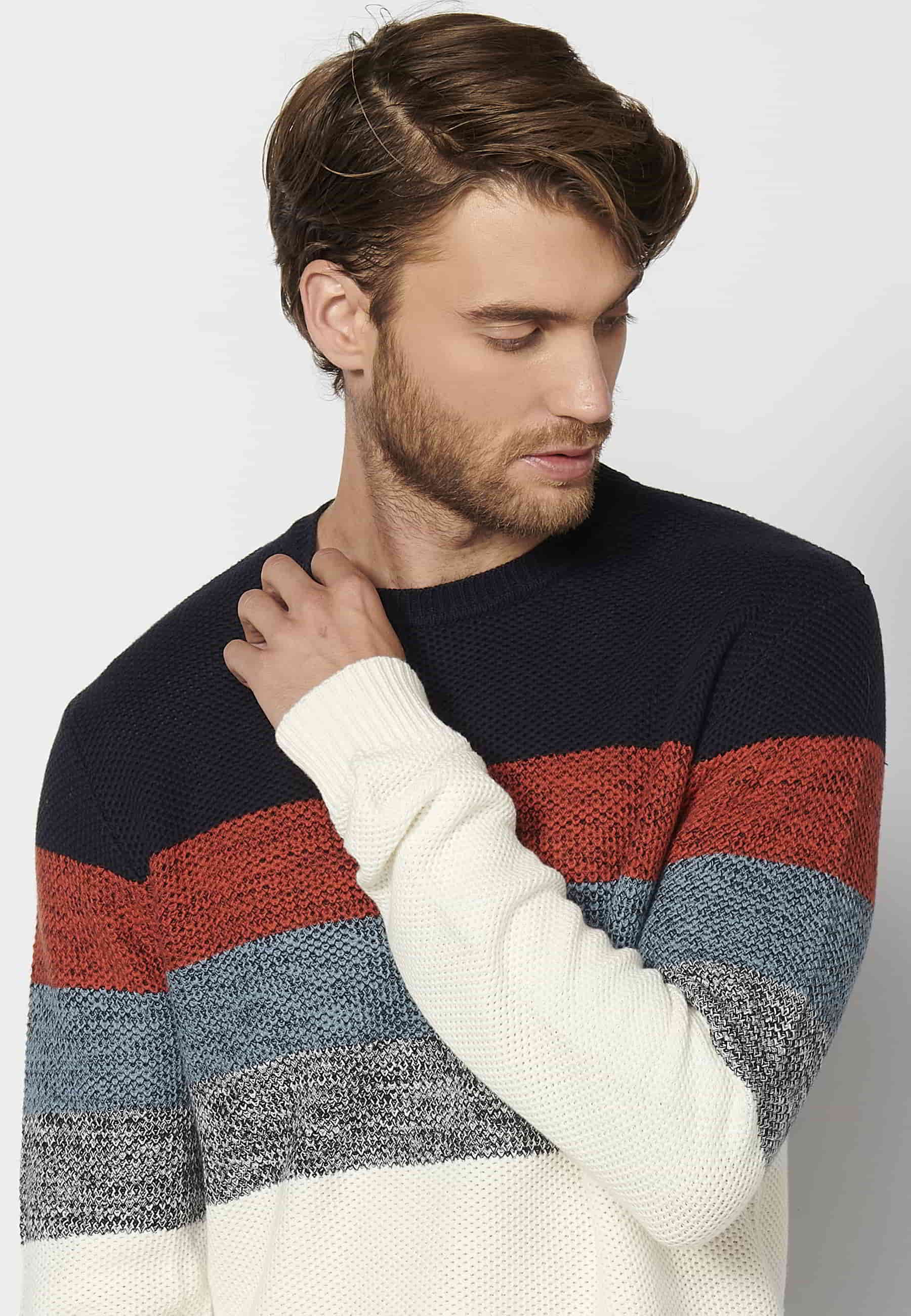 Pull manches longues en coton rayé marine pour Homme