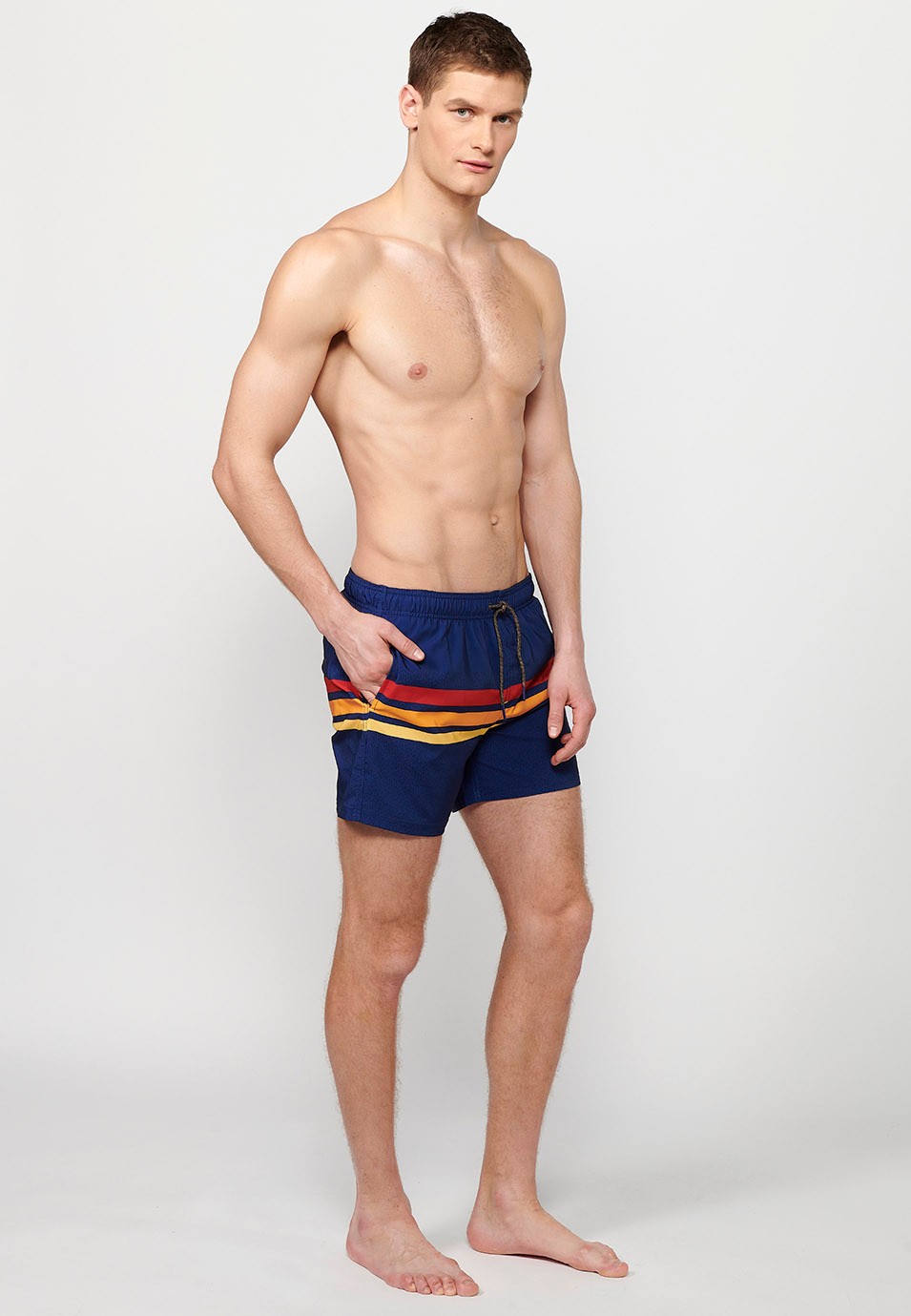 Printed short swimsuit with adjustable waist with drawstring and back pocket and one interior pocket in Blue for Men