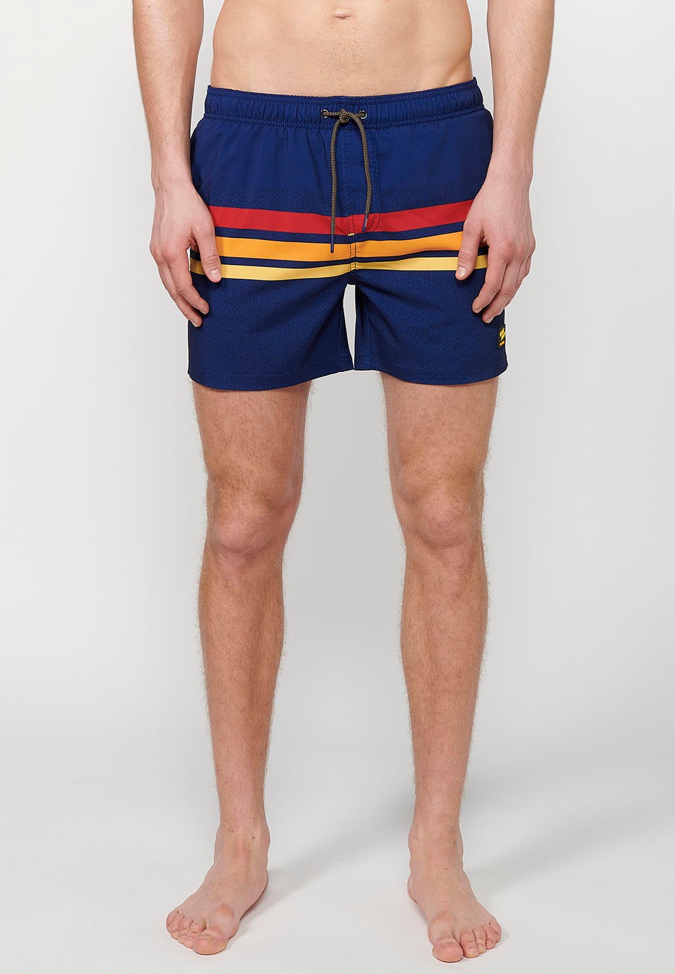 Bedruckter kurzer Badeanzug mit verstellbarer Taille, Kordelzug und Gesäßtasche sowie einer Innentasche in Blau für Herren 3