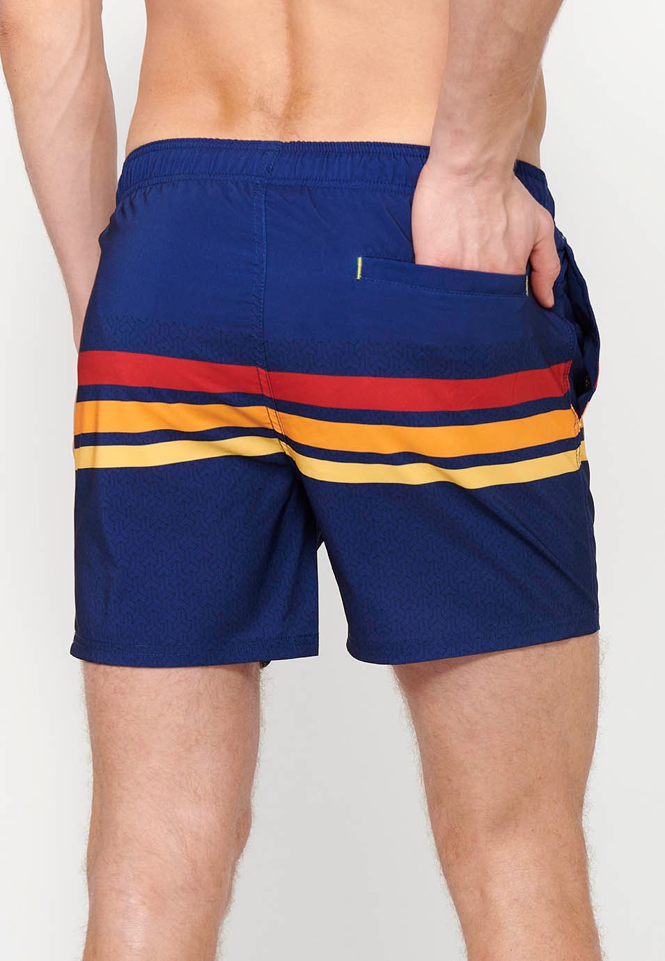 Bedruckter kurzer Badeanzug mit verstellbarer Taille, Kordelzug und Gesäßtasche sowie einer Innentasche in Blau für Herren 5