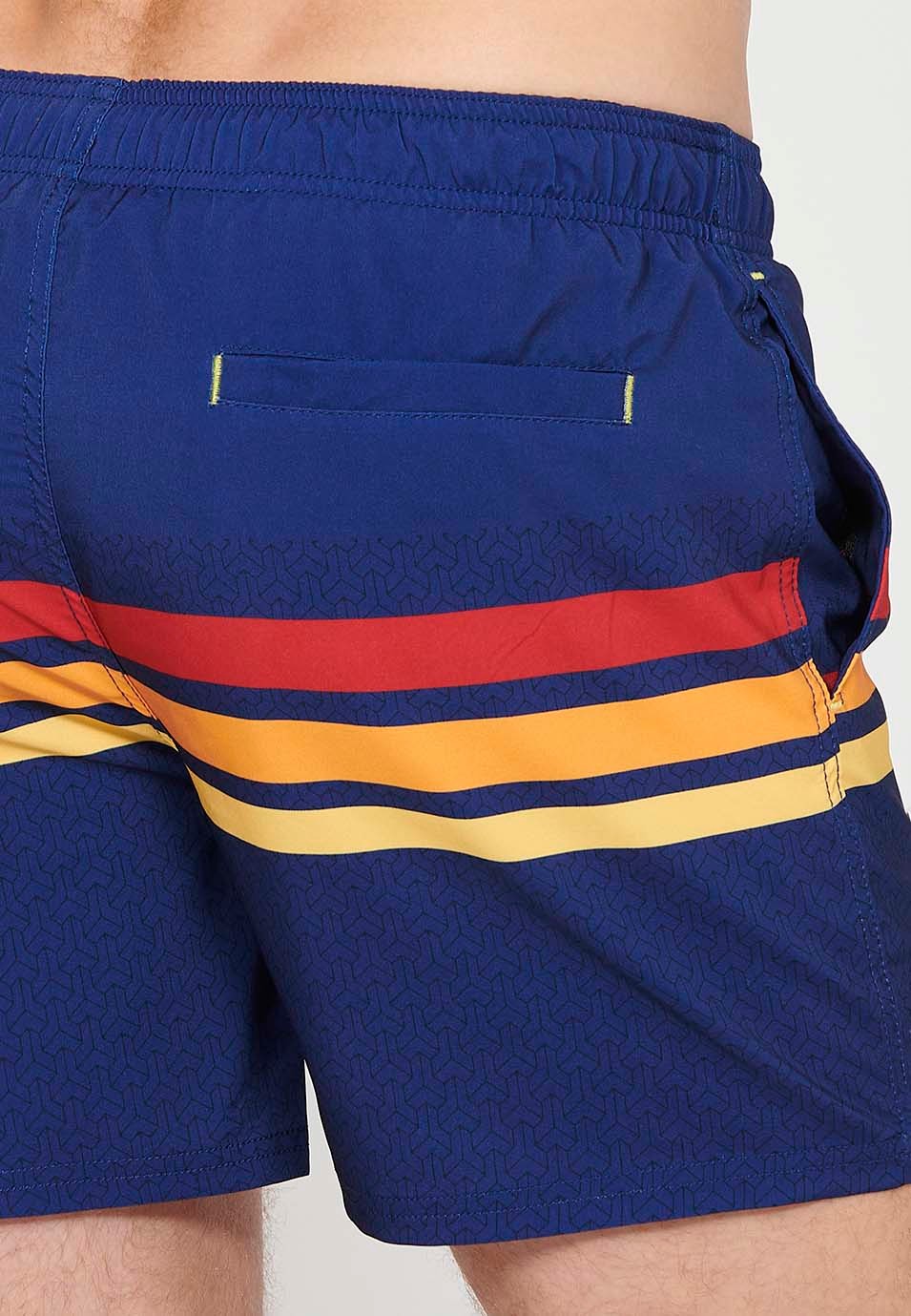 Bedruckter kurzer Badeanzug mit verstellbarer Taille, Kordelzug und Gesäßtasche sowie einer Innentasche in Blau für Herren 6