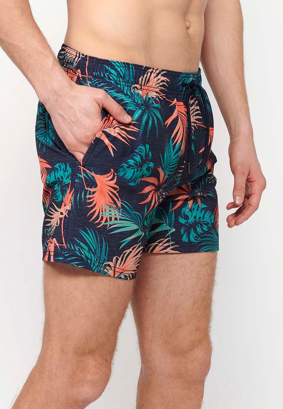 Printed short swimsuit with adjustable waist with drawstring and back pocket and one interior pocket in Navy for Men 6