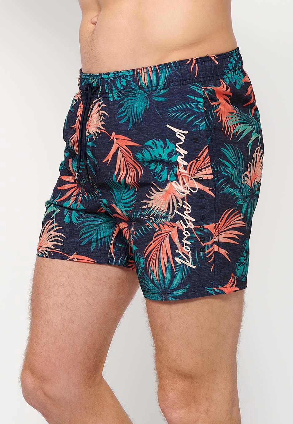 Printed short swimsuit with adjustable waist with drawstring and back pocket and one interior pocket in Navy for Men 5