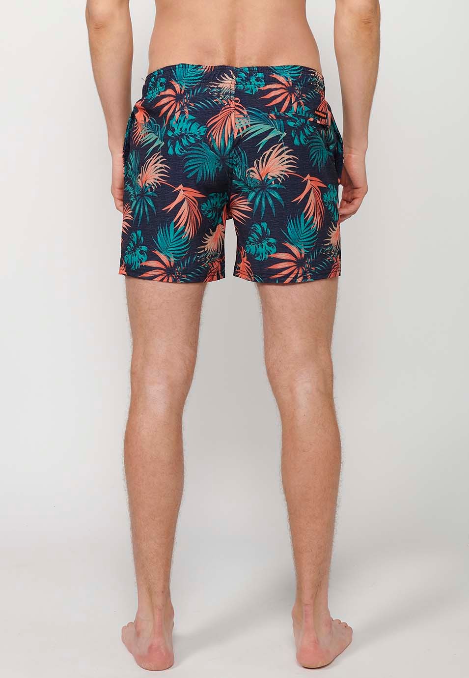 Printed short swimsuit with adjustable waist with drawstring and back pocket and one interior pocket in Navy for Men 3