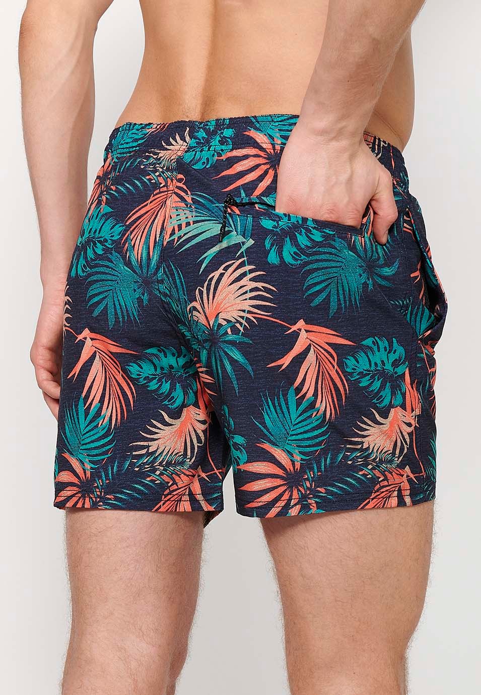 Printed short swimsuit with adjustable waist with drawstring and back pocket and one interior pocket in Navy for Men 1