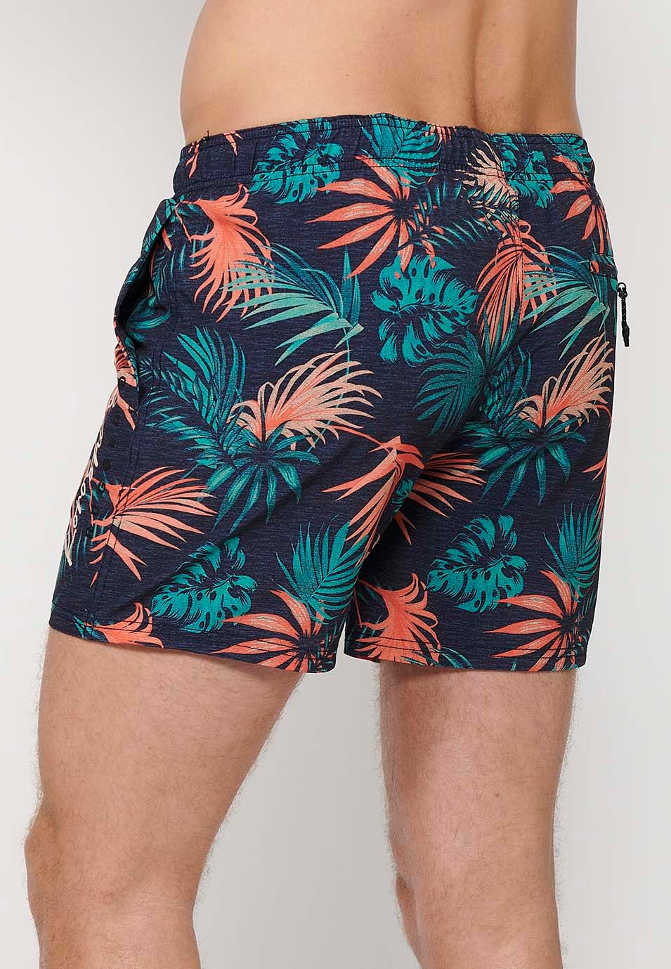 Printed short swimsuit with adjustable waist with drawstring and back pocket and one interior pocket in Navy for Men 4