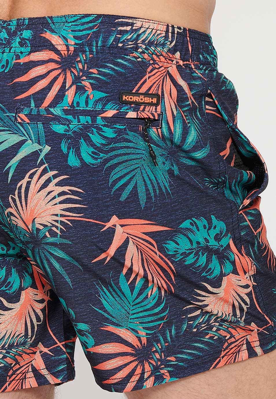 Bedruckter kurzer Badeanzug mit verstellbarer Taille, Kordelzug und Gesäßtasche sowie einer Innentasche in Marineblau für Herren 2