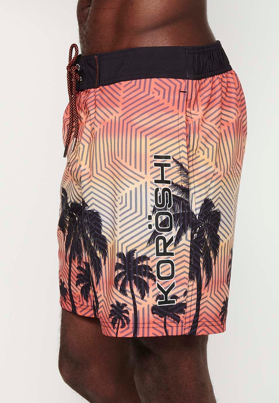 Printed swim shorts with adjustable waist, peach color for men