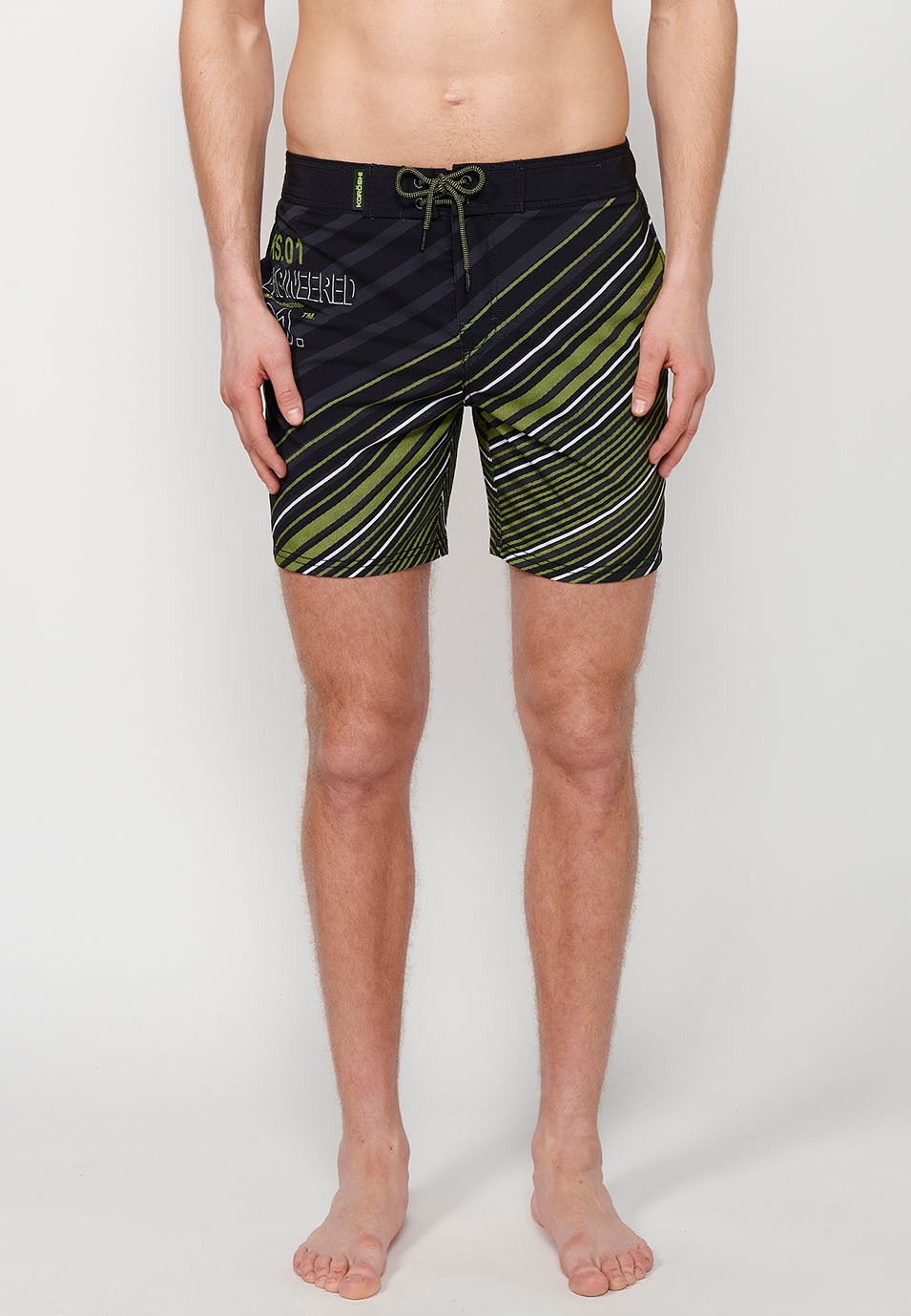 Printed short swimsuit with adjustable waist with drawstring and back pocket and one interior pocket in Lime Color for Men 3