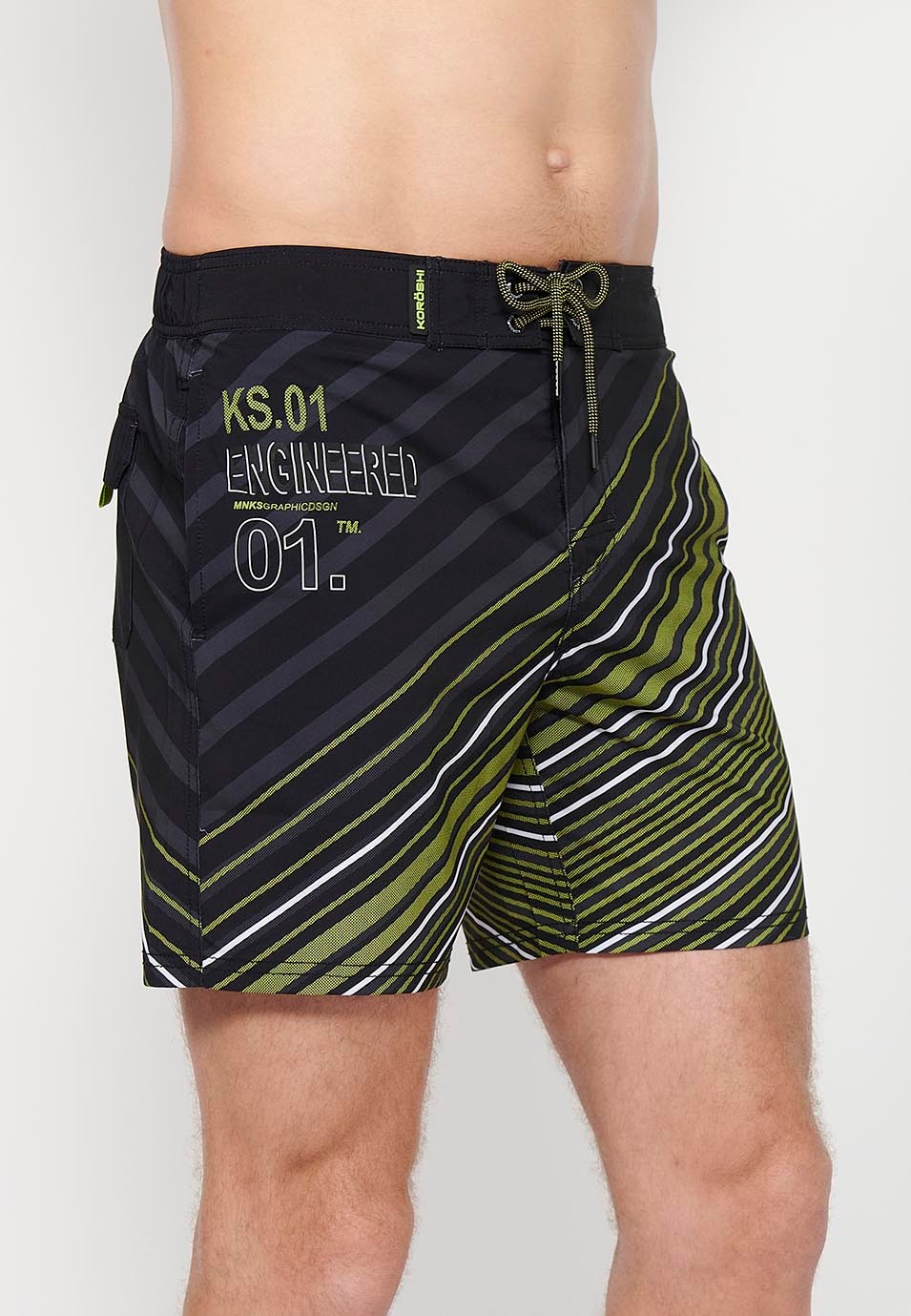 Printed short swimsuit with adjustable waist with drawstring and back pocket and one interior pocket in Lime Color for Men 5