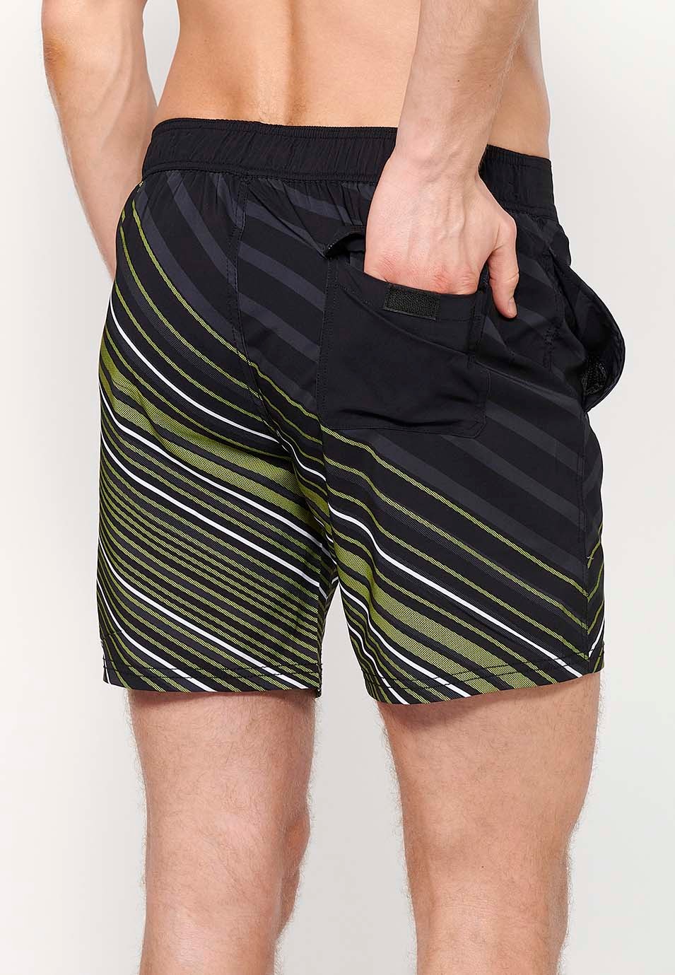 Printed short swimsuit with adjustable waist with drawstring and back pocket and one interior pocket in Lime Color for Men 4