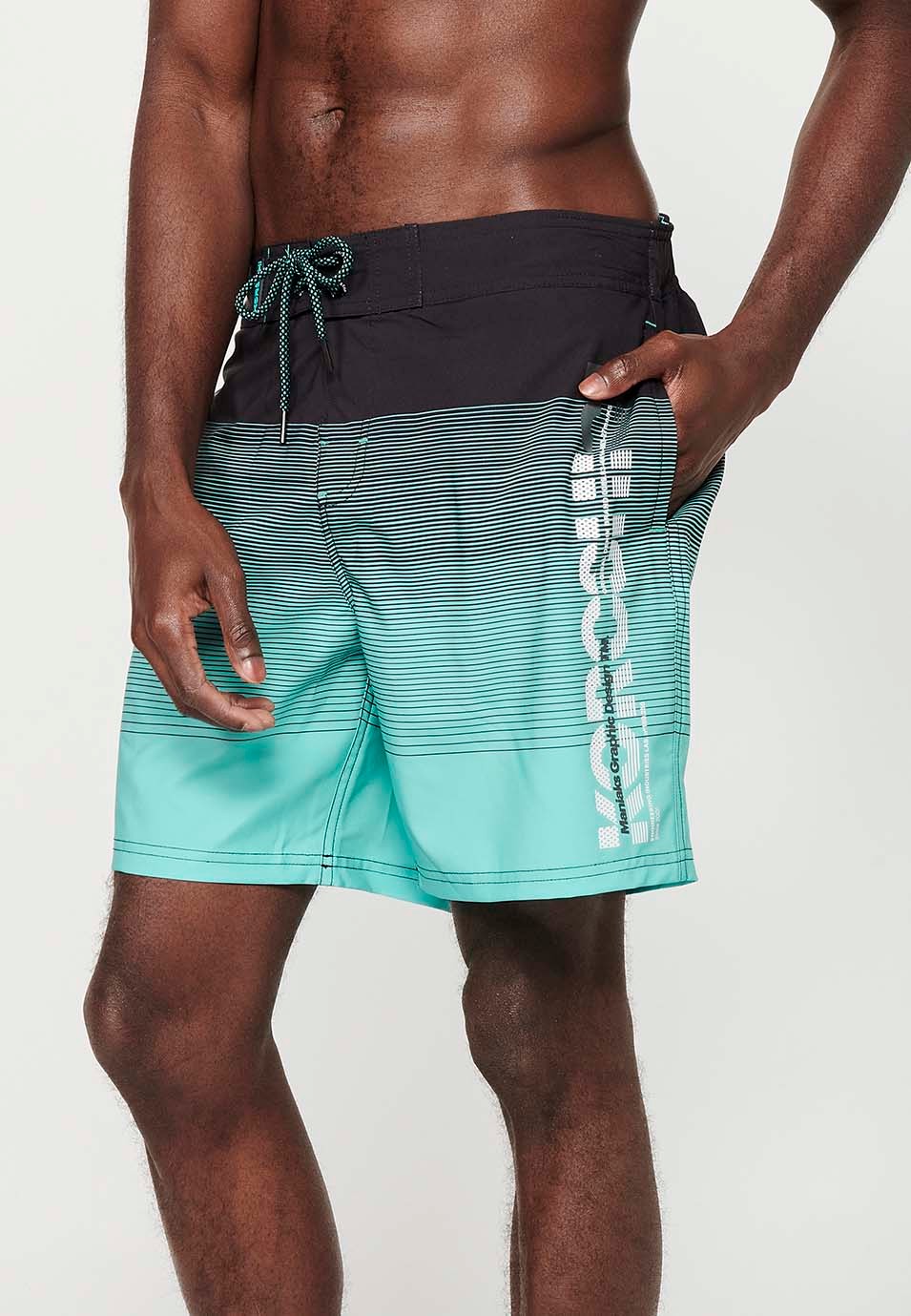 Printed swim shorts with adjustable waist, mint gradient color for men