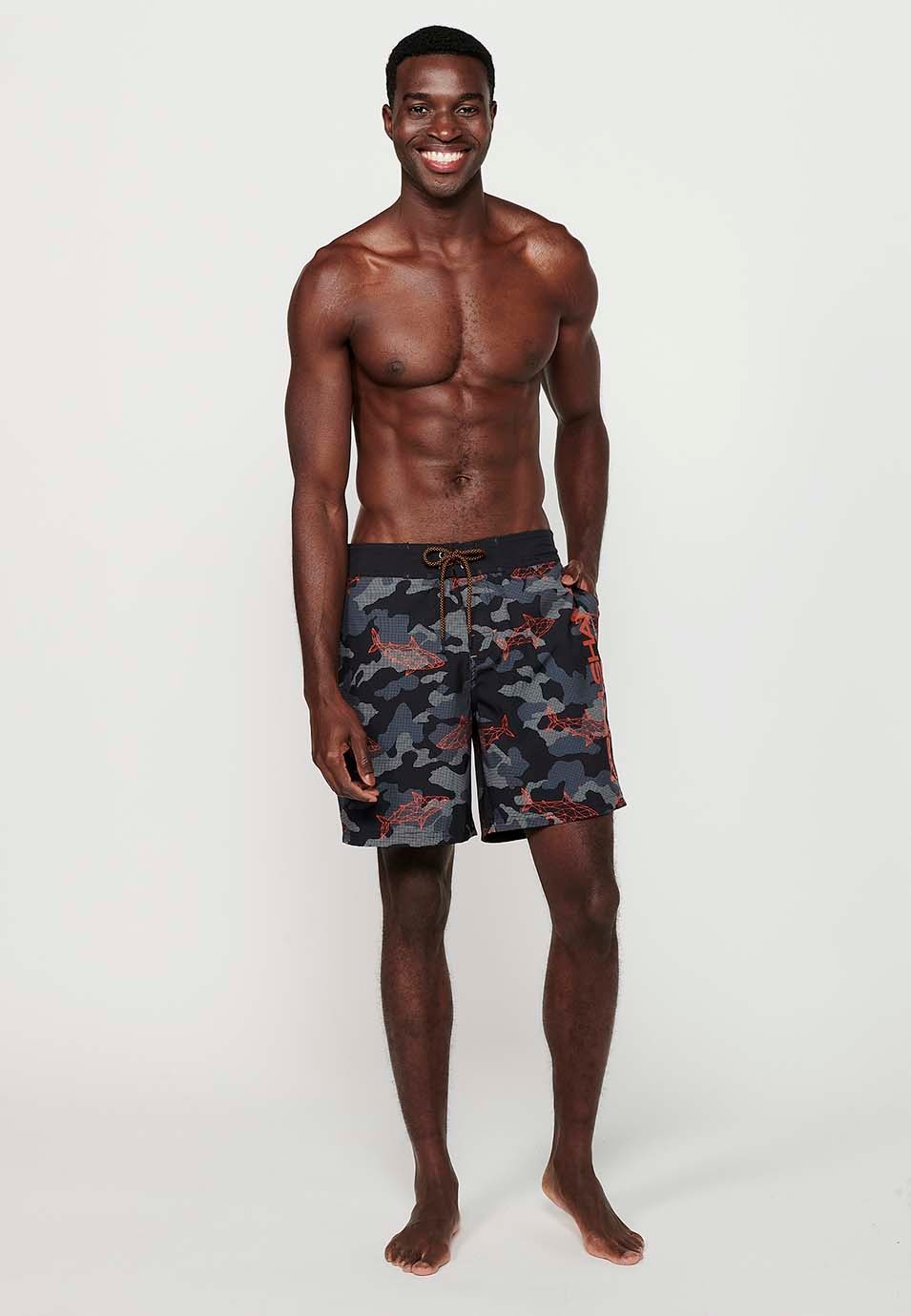 Camouflage printed swim shorts with adjustable waist, black color for men