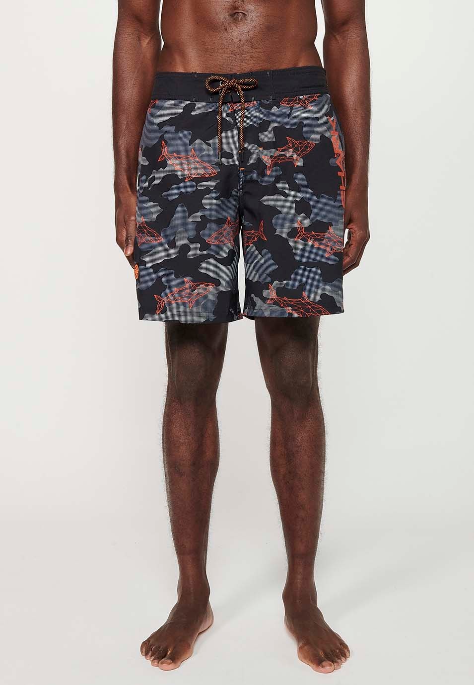 Camouflage printed swim shorts with adjustable waist, black color for men