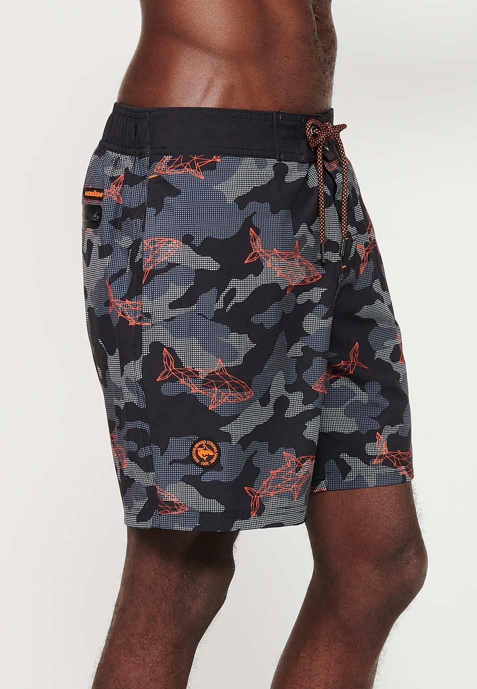 Camouflage printed swim shorts with adjustable waist, black color for men