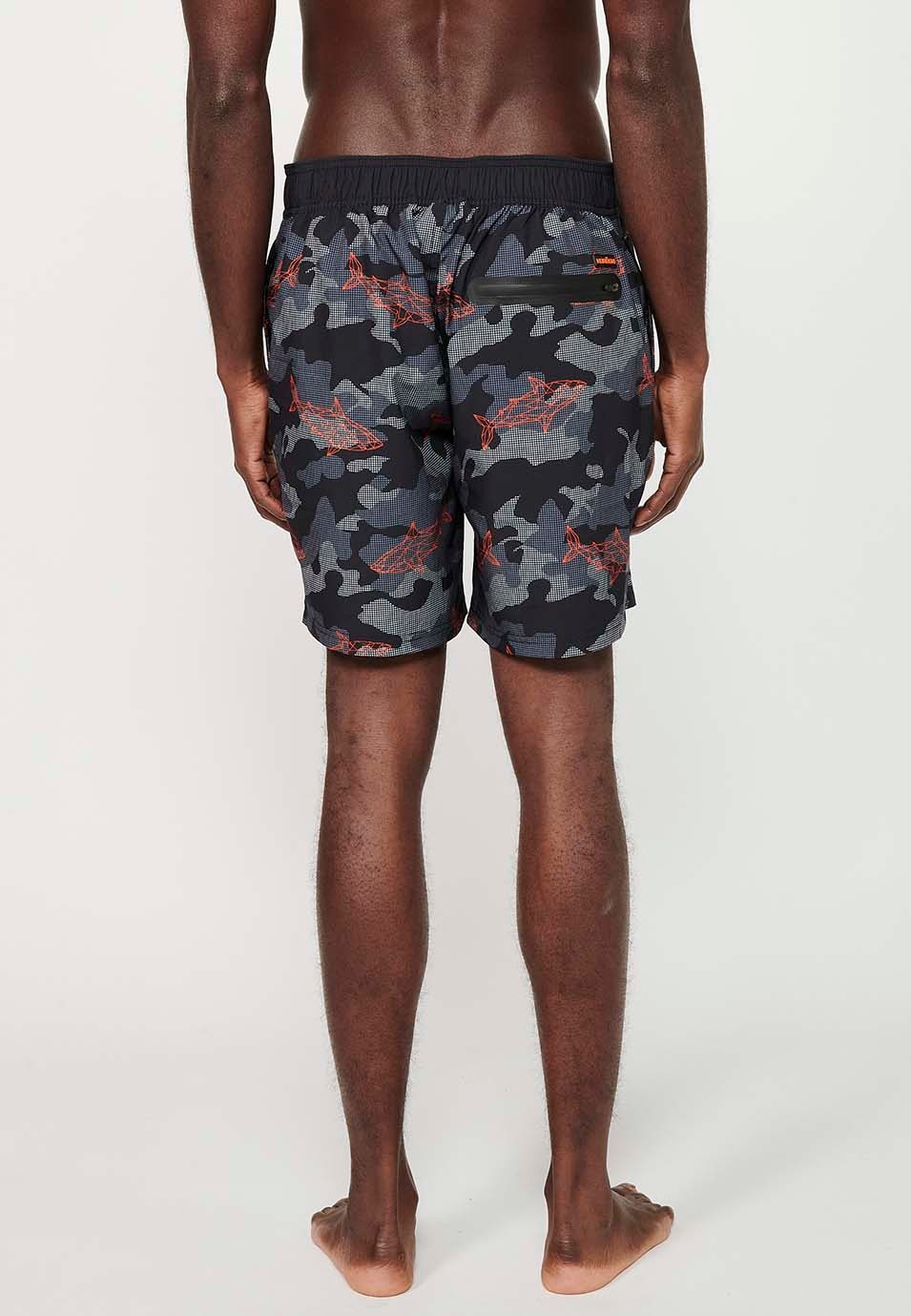 Camouflage printed swim shorts with adjustable waist, black color for men