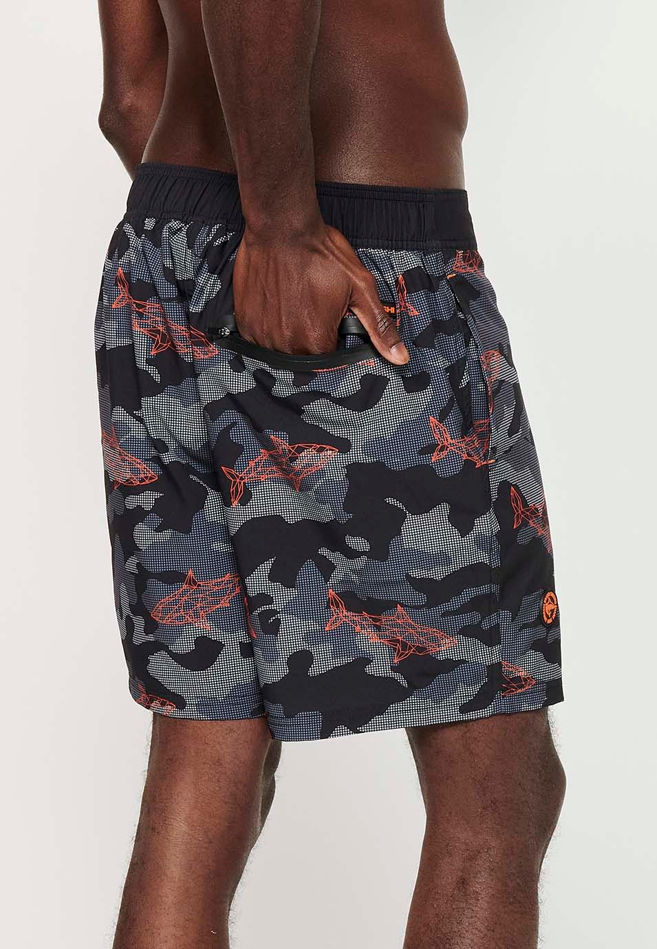 Camouflage printed swim shorts with adjustable waist, black color for men