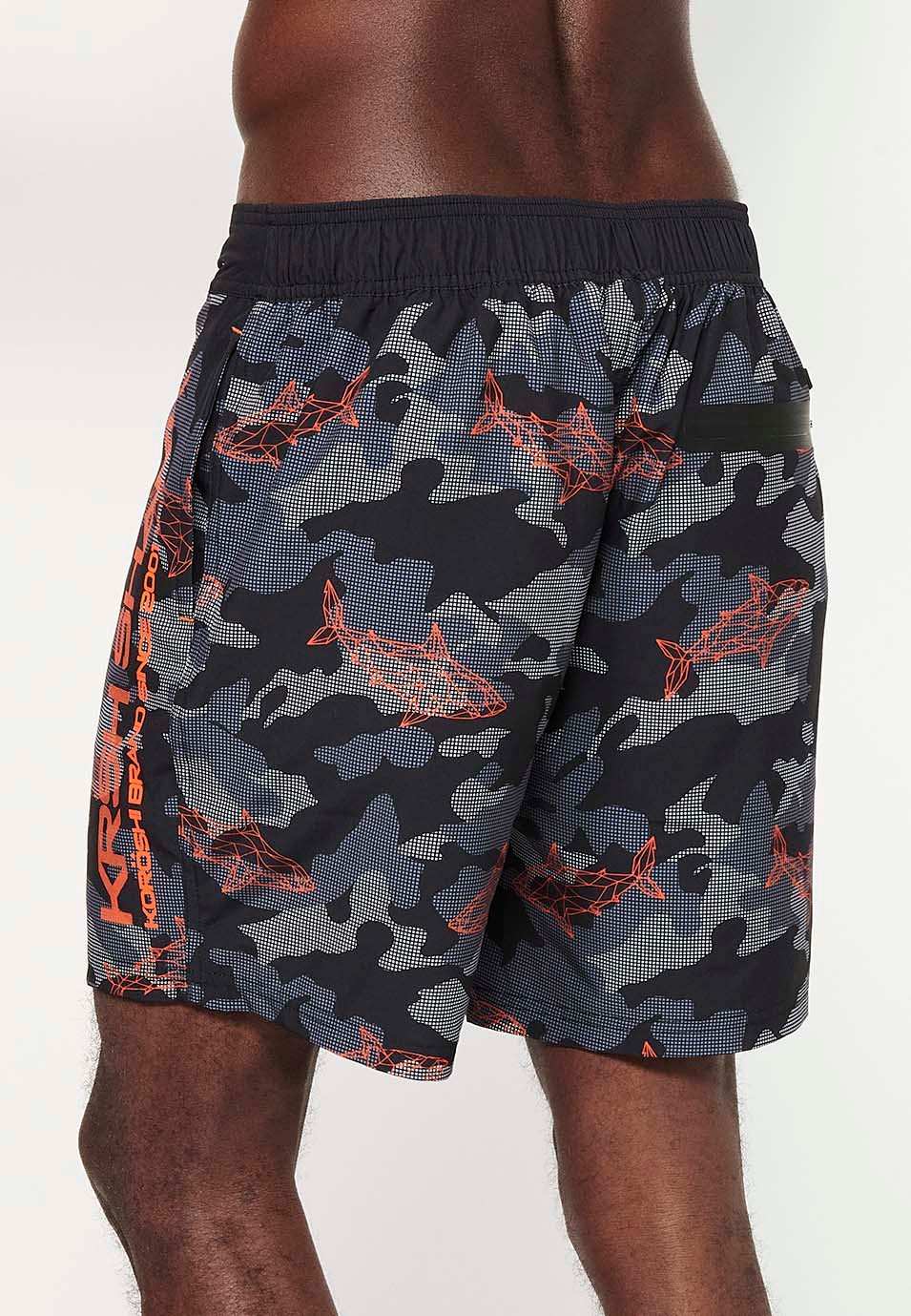 Camouflage printed swim shorts with adjustable waist, black color for men