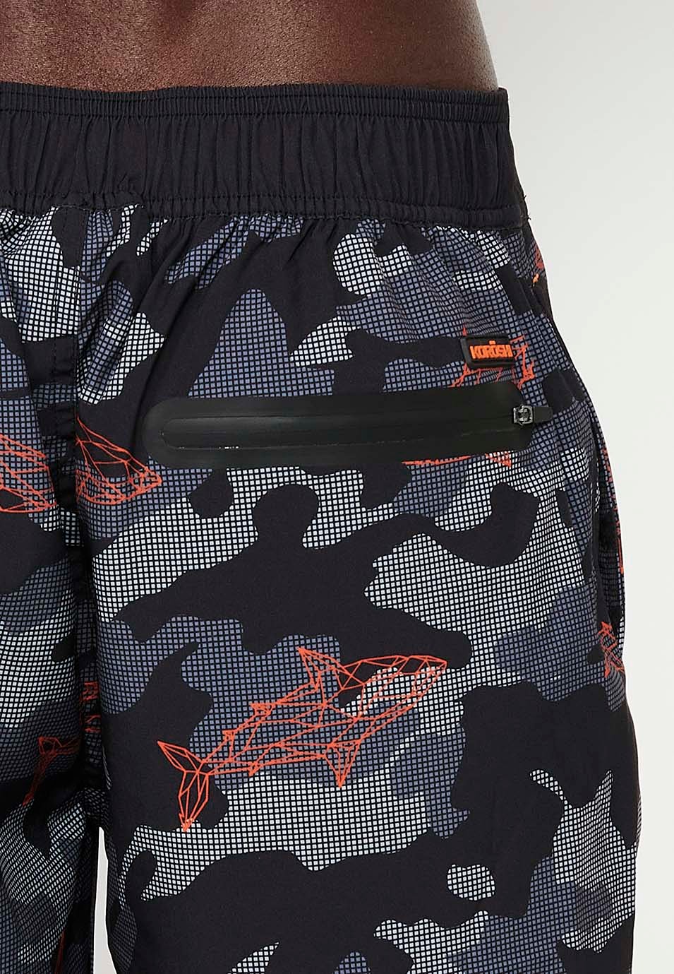 Camouflage printed swim shorts with adjustable waist, black color for men