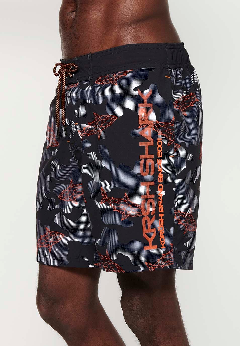 Camouflage printed swim shorts with adjustable waist, black color for men