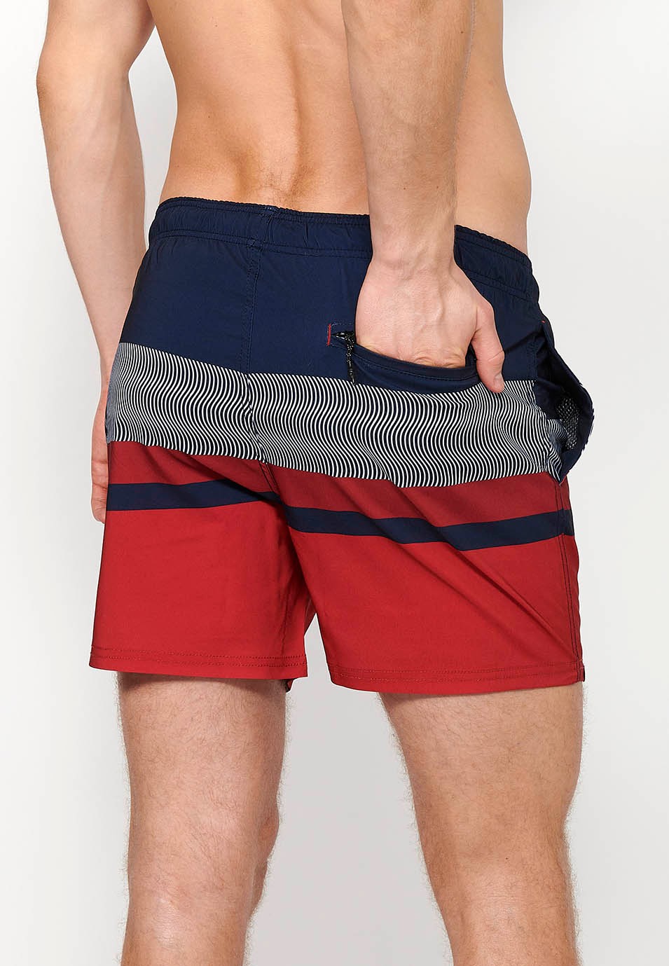 Bedruckter kurzer Badeanzug mit verstellbarer Taille, Kordelzug und Gesäßtasche sowie einer Innentasche in Marineblau für Herren 6