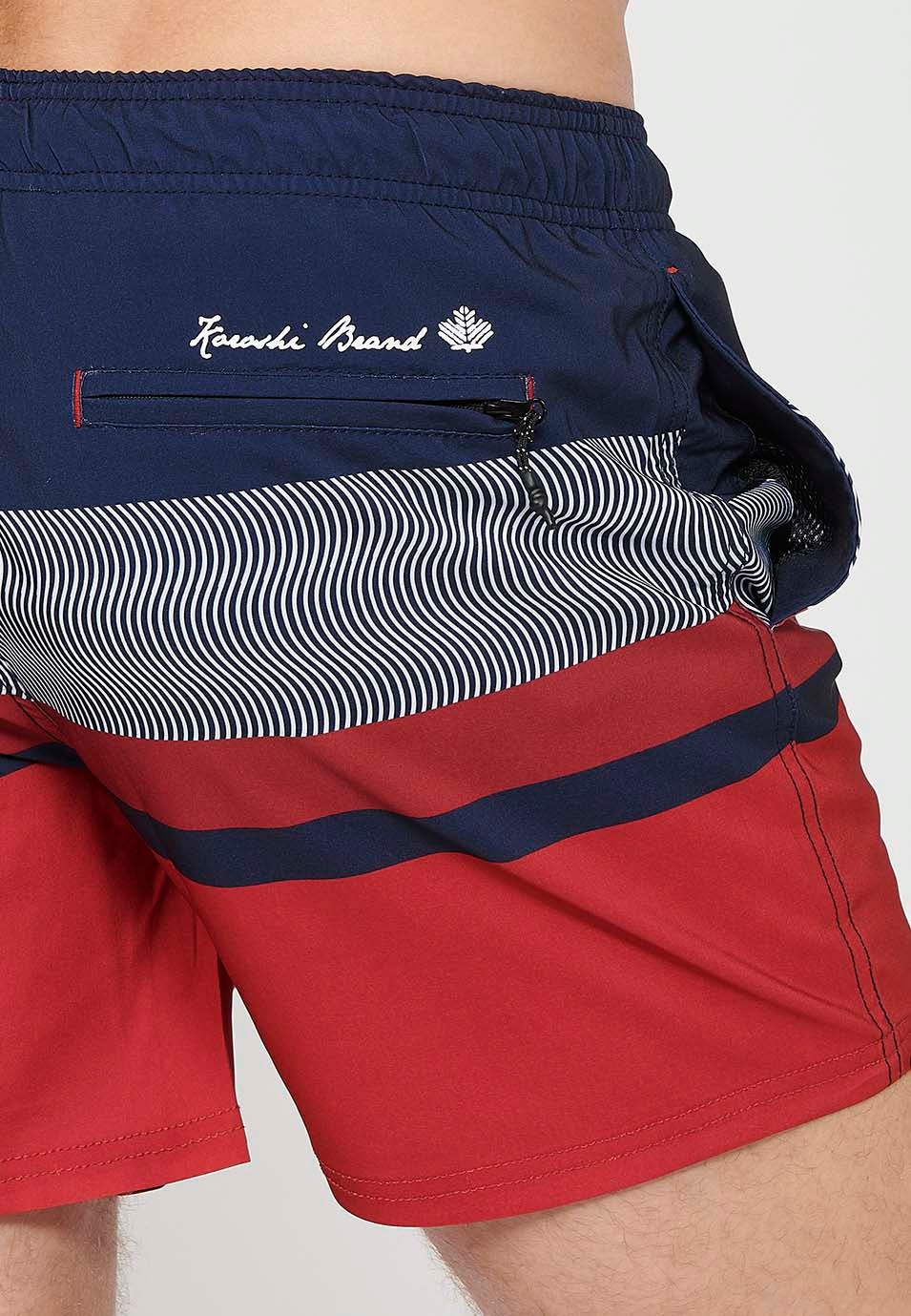 Bedruckter kurzer Badeanzug mit verstellbarer Taille, Kordelzug und Gesäßtasche sowie einer Innentasche in Marineblau für Herren 7