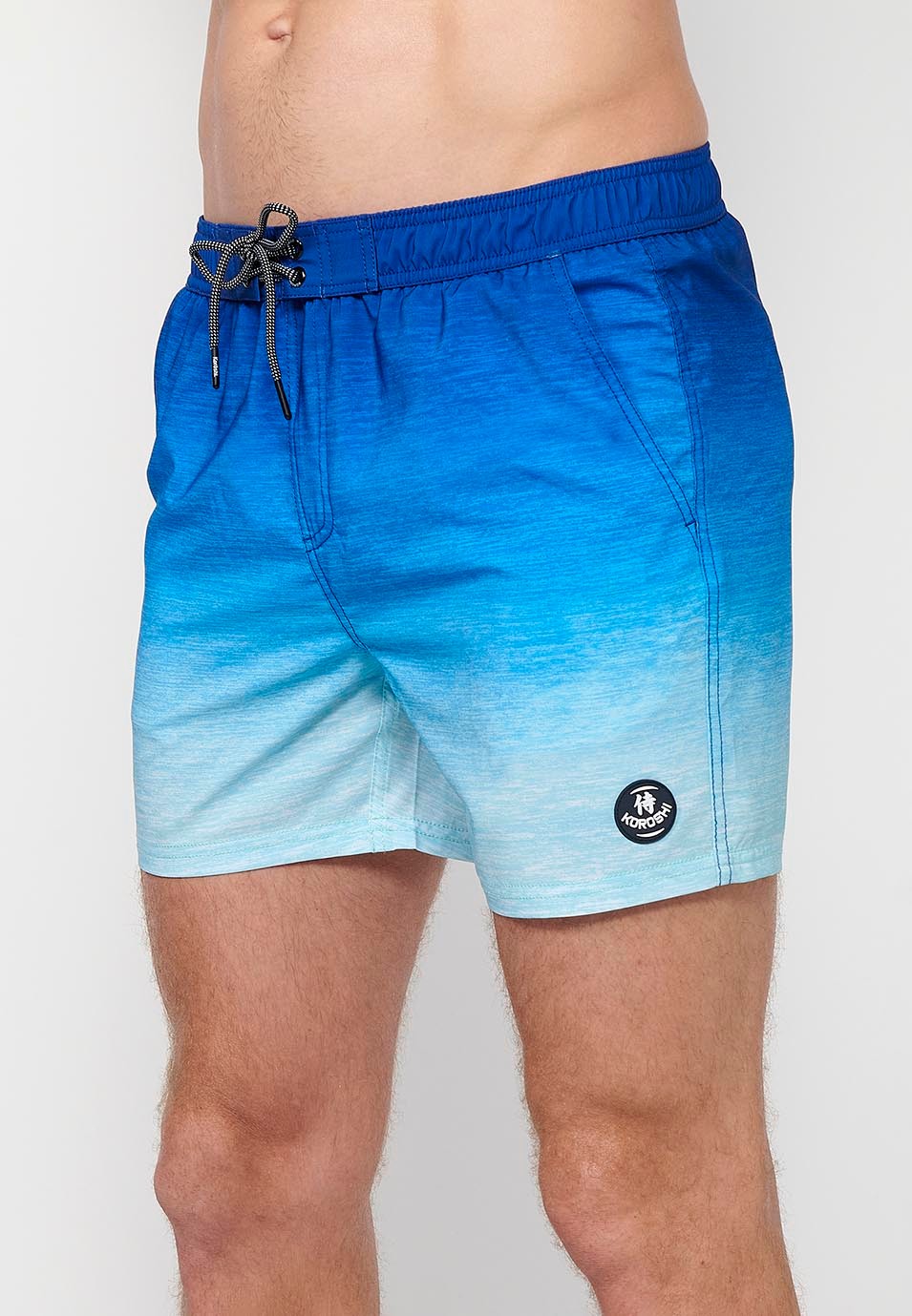 Bedruckter kurzer Badeanzug mit verstellbarer Taille, Kordelzug und Gesäßtasche sowie einer Innentasche in Blau für Herren 2