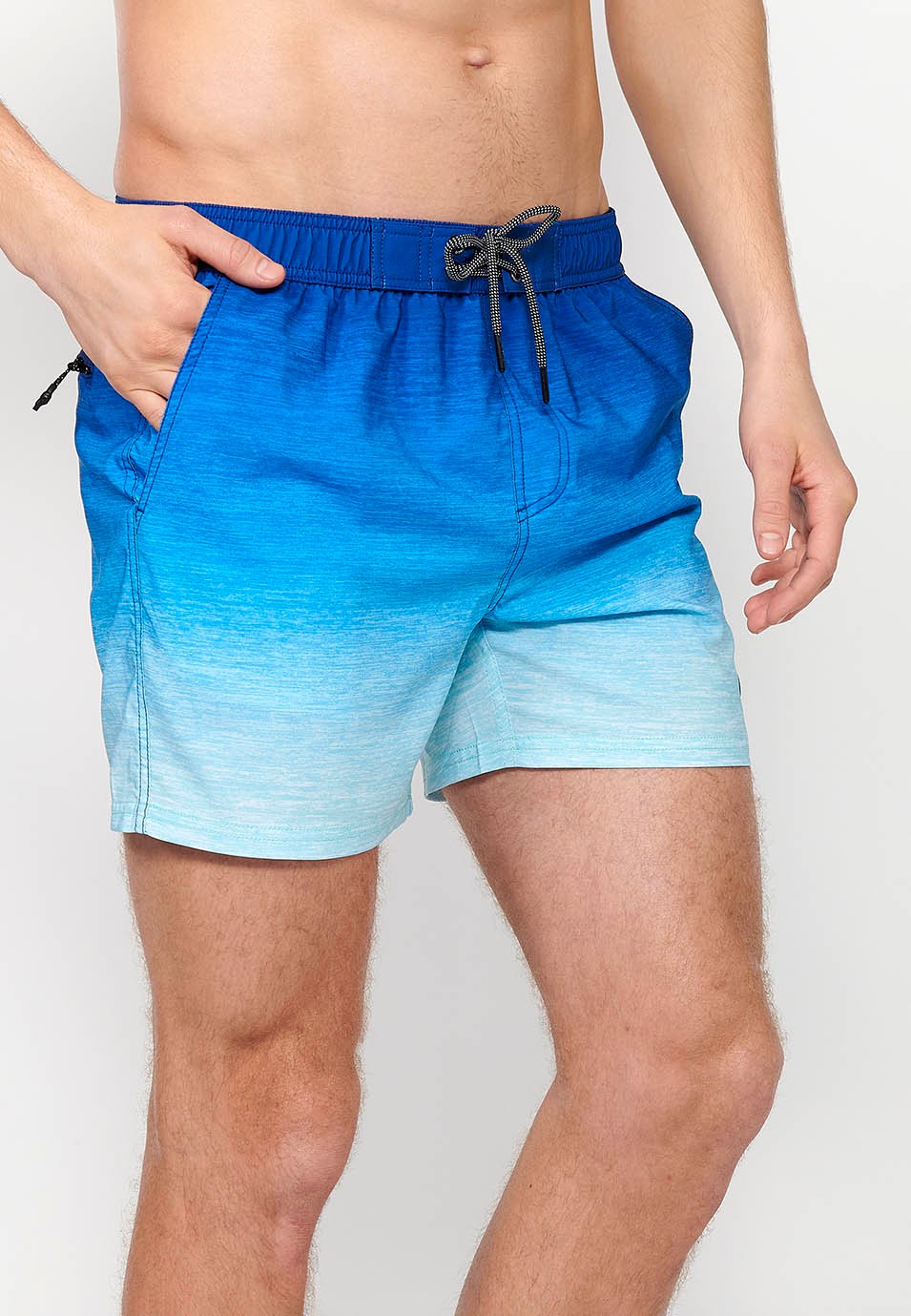 Bedruckter kurzer Badeanzug mit verstellbarer Taille, Kordelzug und Gesäßtasche sowie einer Innentasche in Blau für Herren 4