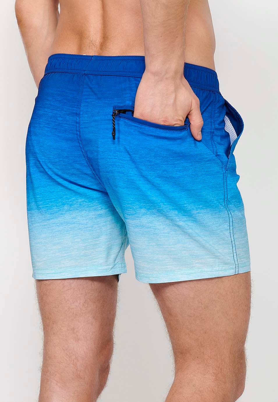 Bedruckter kurzer Badeanzug mit verstellbarer Taille, Kordelzug und Gesäßtasche sowie einer Innentasche in Blau für Herren 1