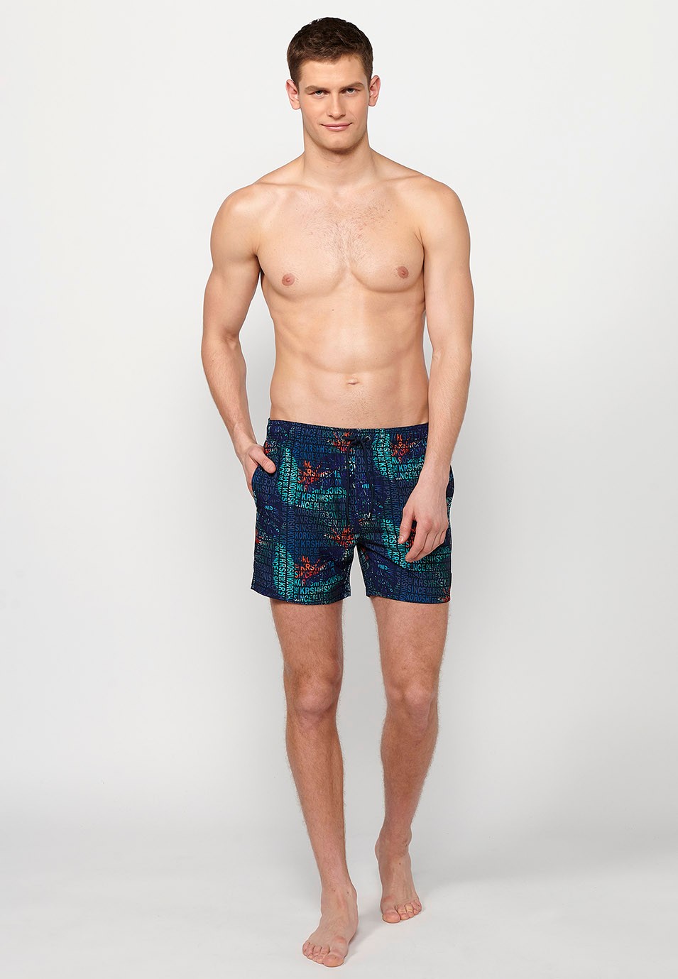 Bedruckter kurzer Badeanzug mit verstellbarer Taille mit Kordelzug und Gesäßtasche und einer Innentasche, Farbe Marineblau für Herren