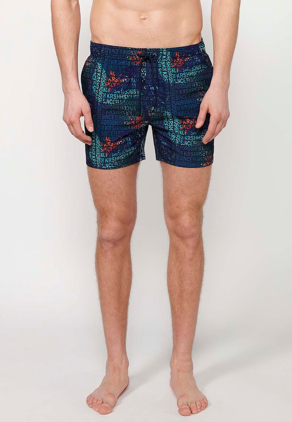 Printed short swimsuit with adjustable waist with drawstring and back pocket and one interior pocket Color Navy for Men 3