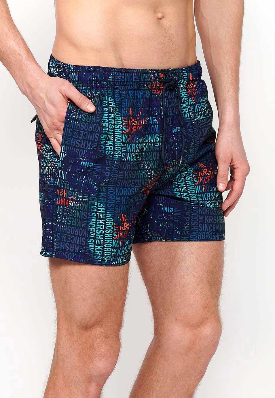 Printed short swimsuit with adjustable waist with drawstring and back pocket and one interior pocket Color Navy for Men 2