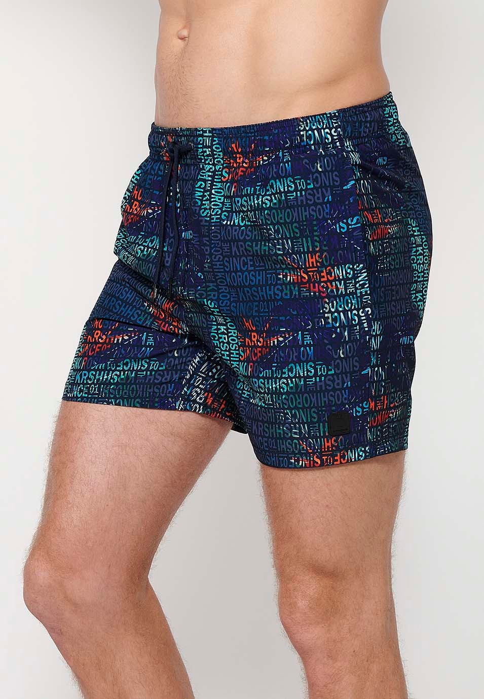 Printed short swimsuit with adjustable waist with drawstring and back pocket and one interior pocket Color Navy for Men 1