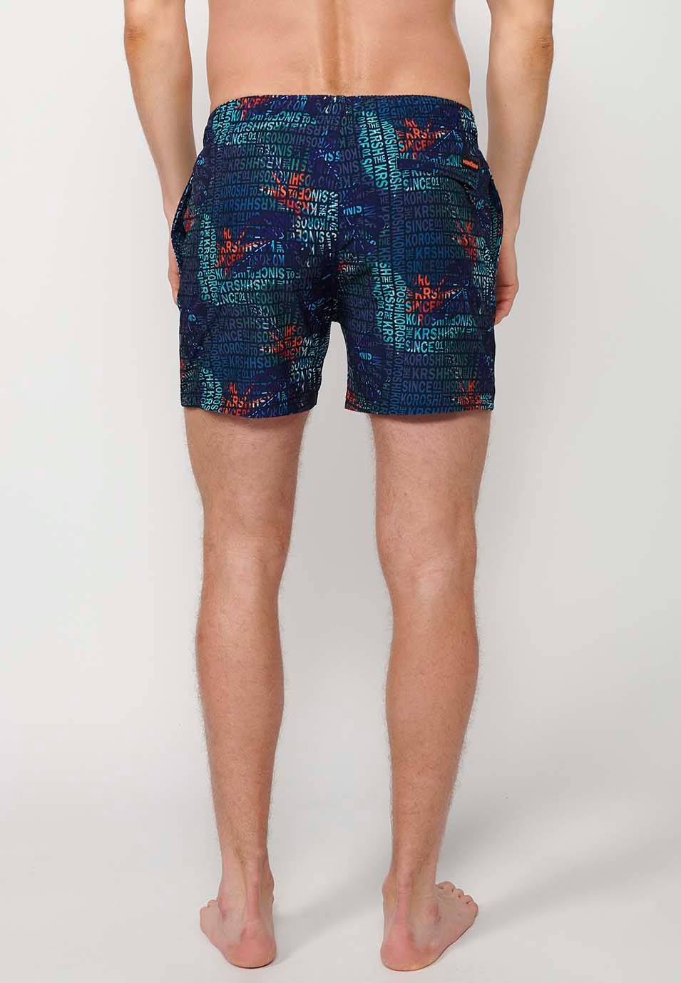Printed short swimsuit with adjustable waist with drawstring and back pocket and one interior pocket Color Navy for Men 4