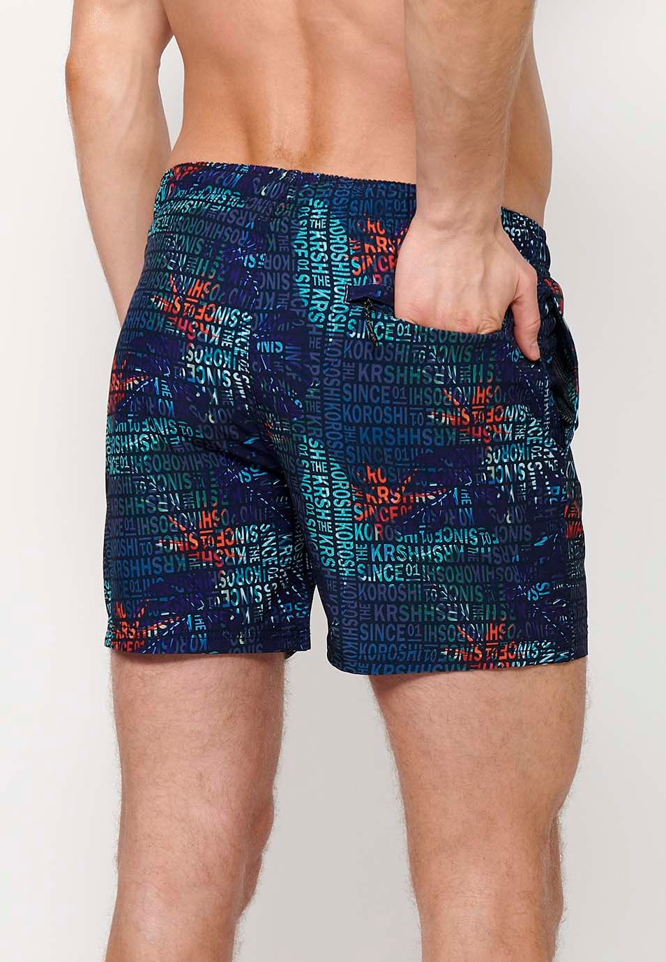 Printed short swimsuit with adjustable waist with drawstring and back pocket and one interior pocket Color Navy for Men 6
