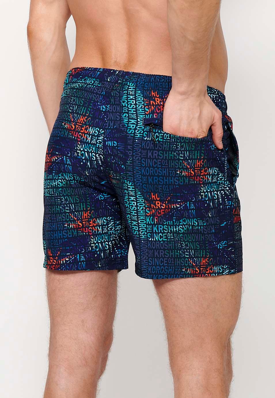 Bañador corto estampado con Cintura ajustable con cordón y Bolsillo trasero y uno interior Color Navy para Hombre 6