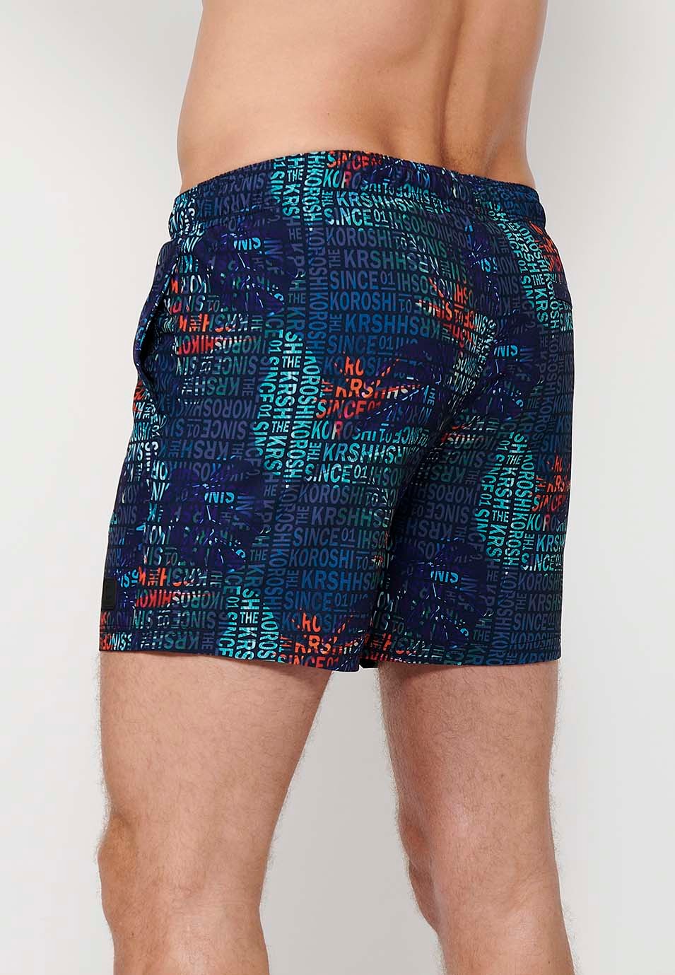 Printed short swimsuit with adjustable waist with drawstring and back pocket and one interior pocket Color Navy for Men 5