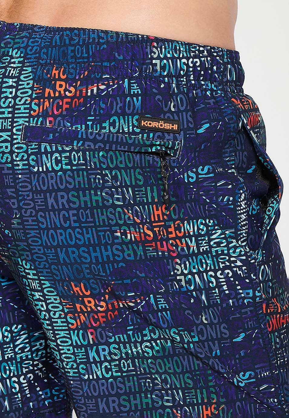 Bedruckter kurzer Badeanzug mit verstellbarer Taille mit Kordelzug und Gesäßtasche und einer Innentasche, Farbe Marineblau für Herren 7
