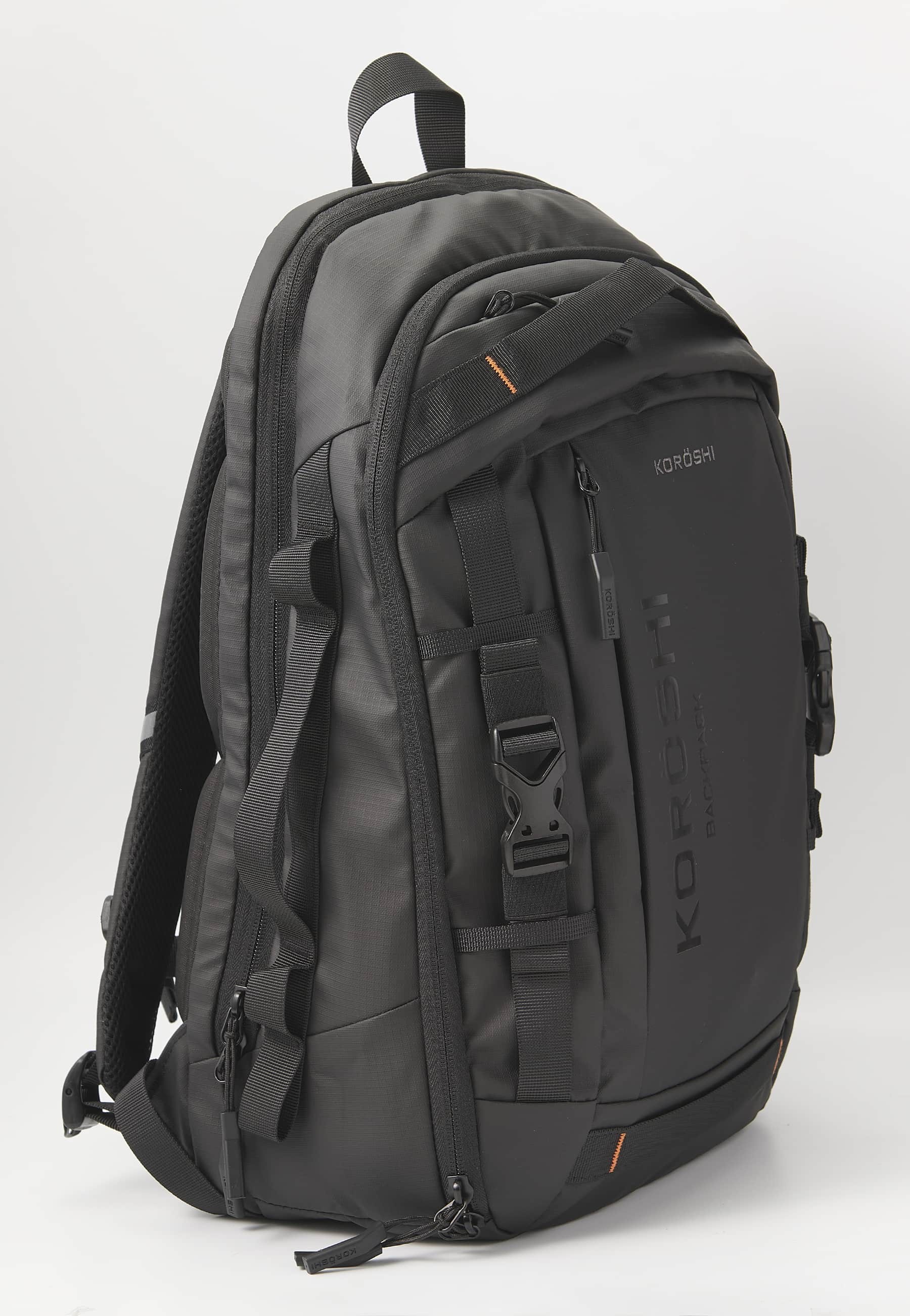 Koröshi backpack with two zippered compartments, one for a laptop and adjustable straps in Black