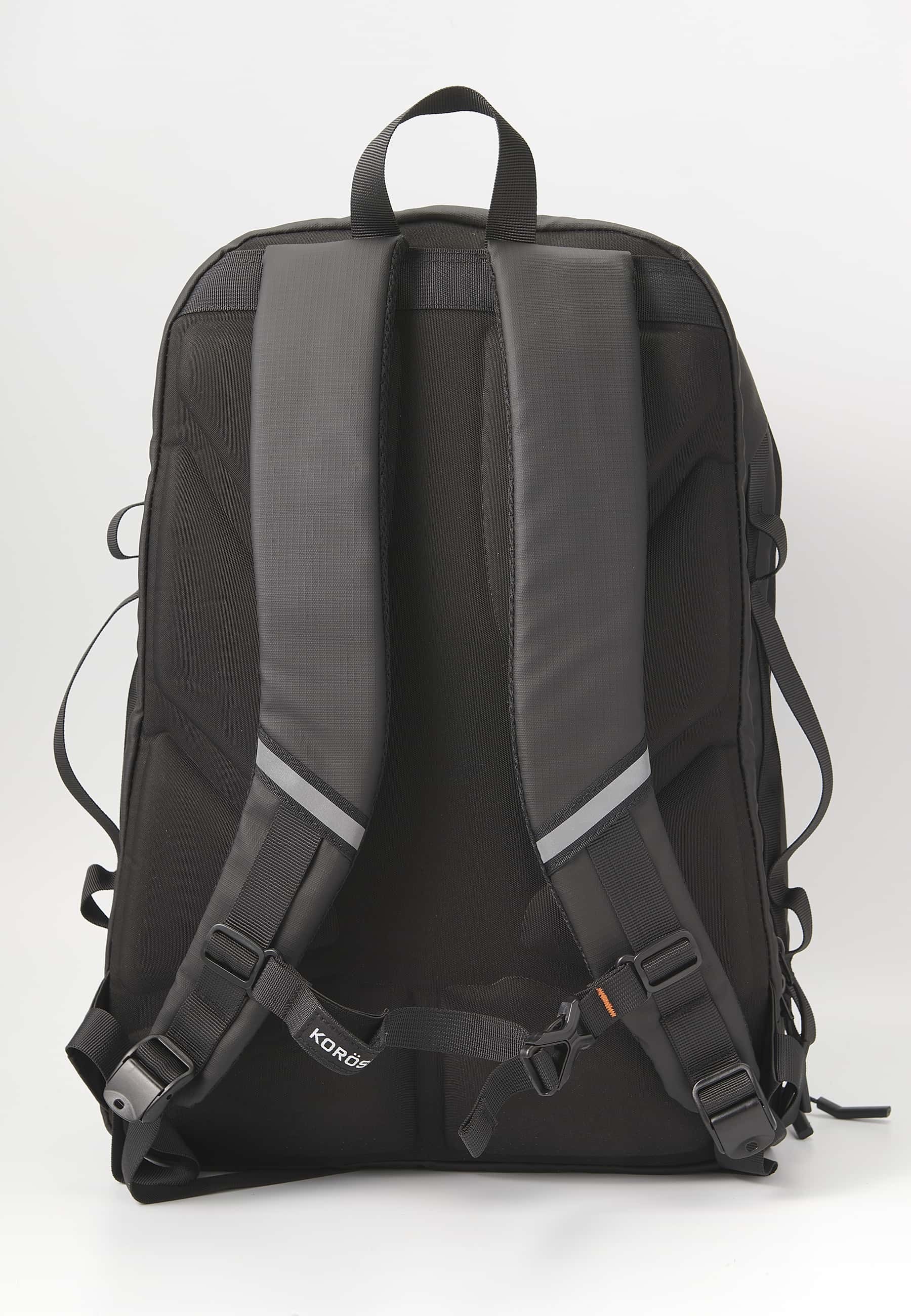 Koröshi backpack with two zippered compartments, one for a laptop and adjustable straps in Black
