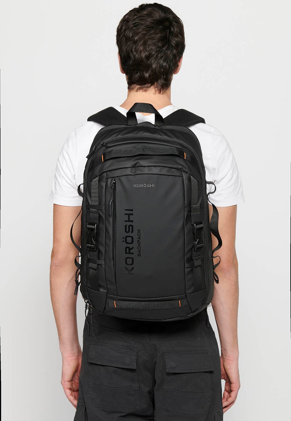 Koröshi backpack with two zippered compartments, one for a laptop and adjustable straps in Black 5