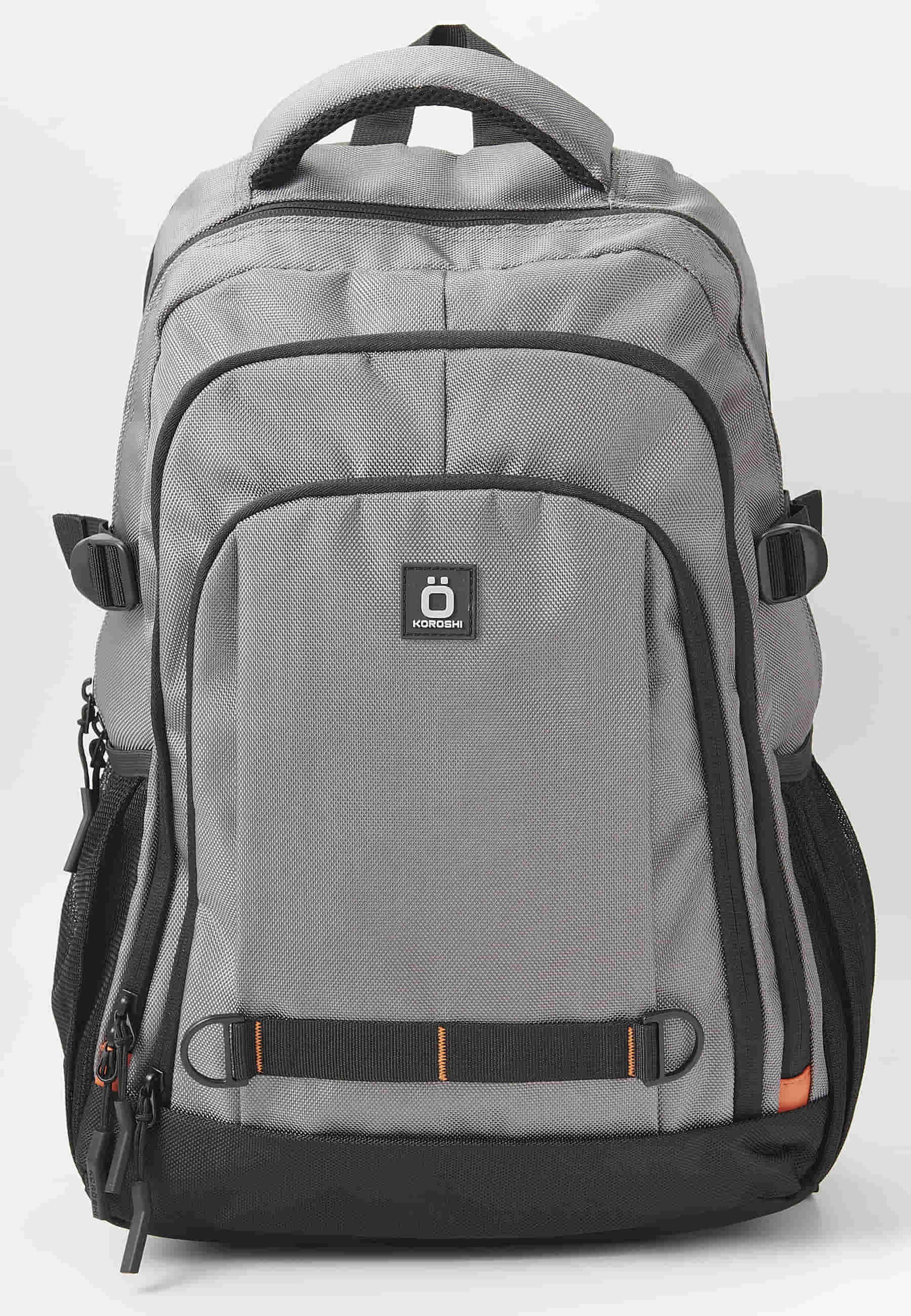 Koröshi backpack with three zippered compartments, one for laptop, with Gray interior pockets