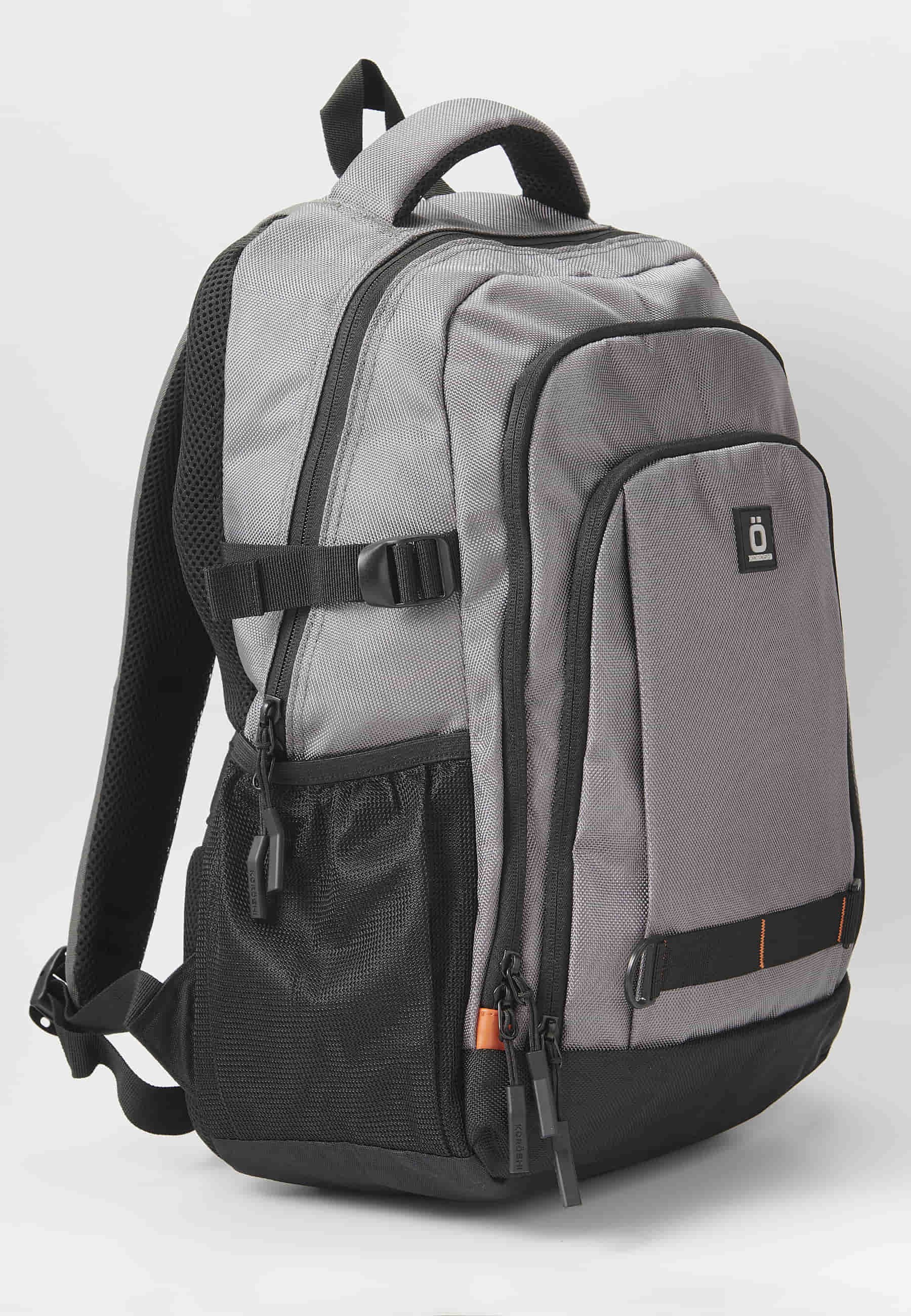 Koröshi-Rucksack mit drei Reißverschlussfächern, eines für Laptop, mit grauen Innentaschen 5