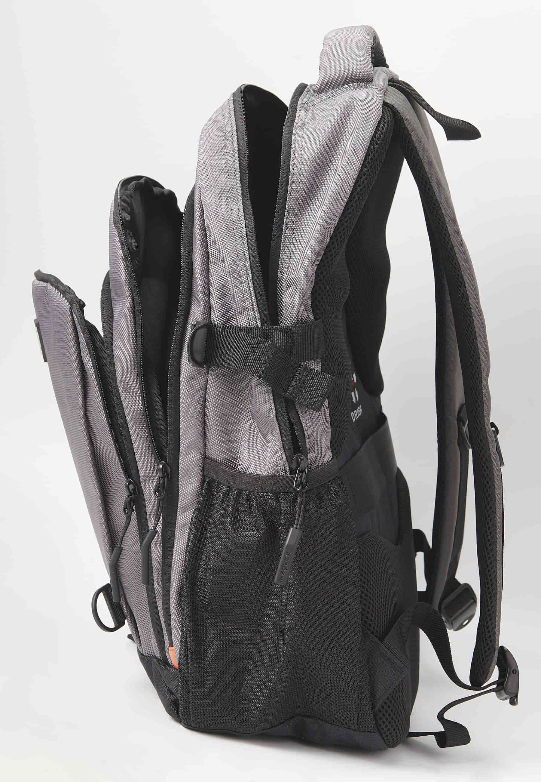 Koröshi-Rucksack mit drei Reißverschlussfächern, eines für Laptop, mit grauen Innentaschen 2