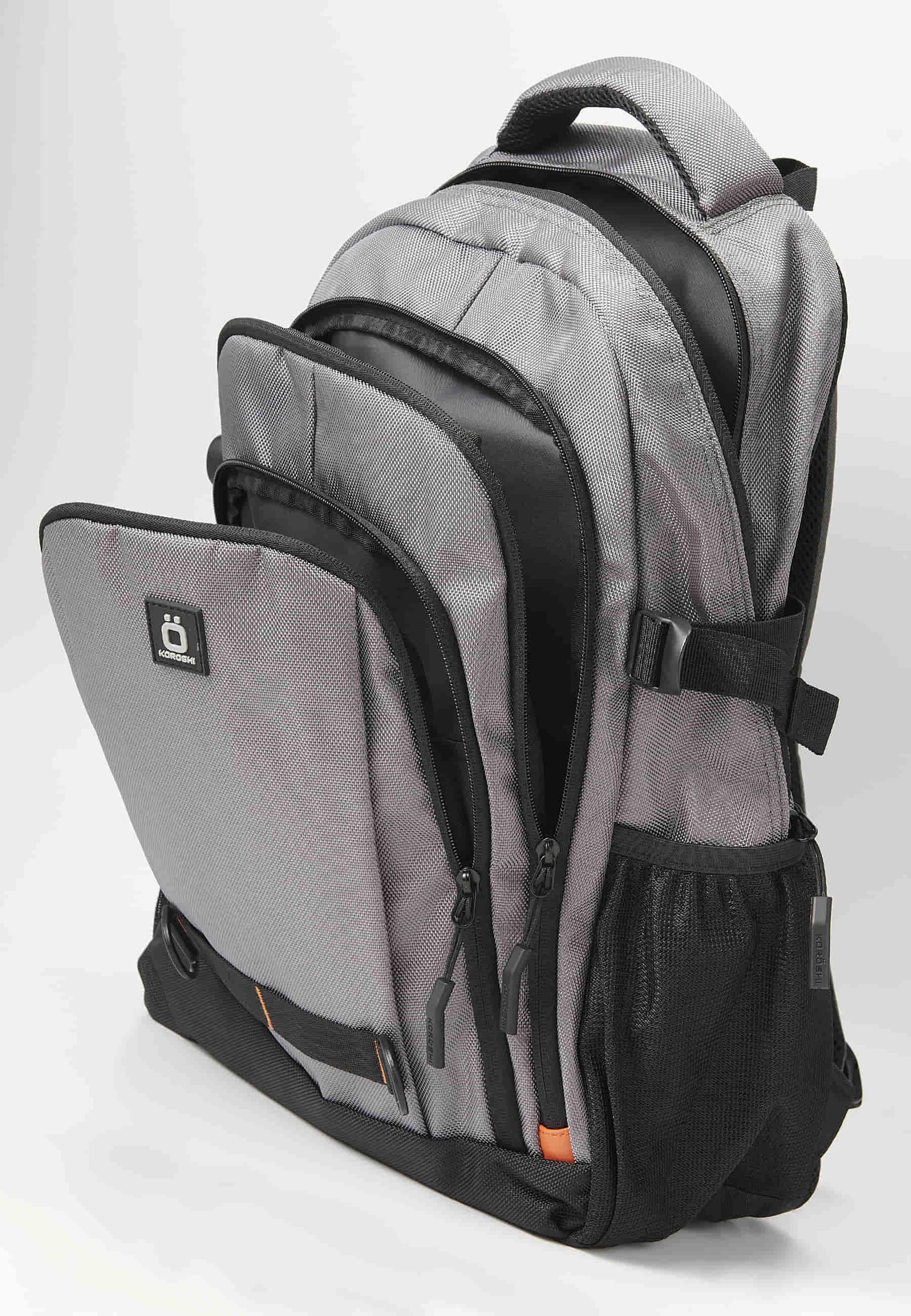 Koröshi-Rucksack mit drei Reißverschlussfächern, eines für Laptop, mit grauen Innentaschen 4