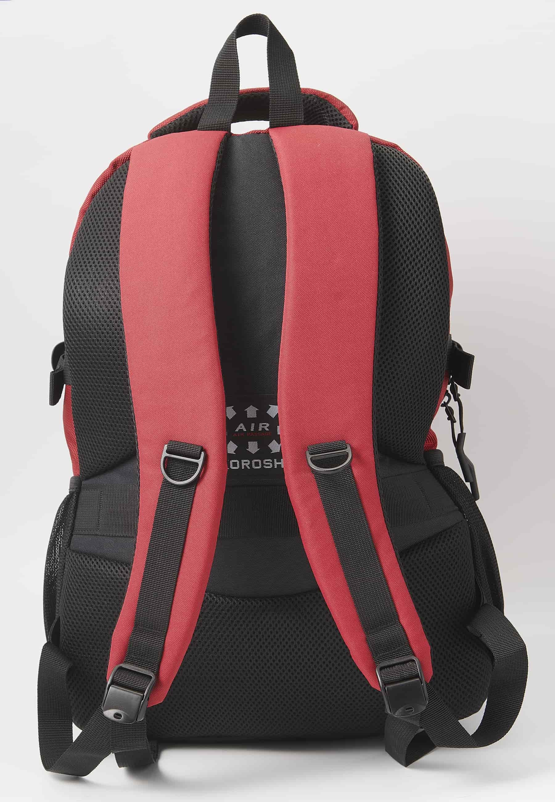 Koröshi-Rucksack mit drei Reißverschlussfächern, eines für Laptop, mit roten Innentaschen