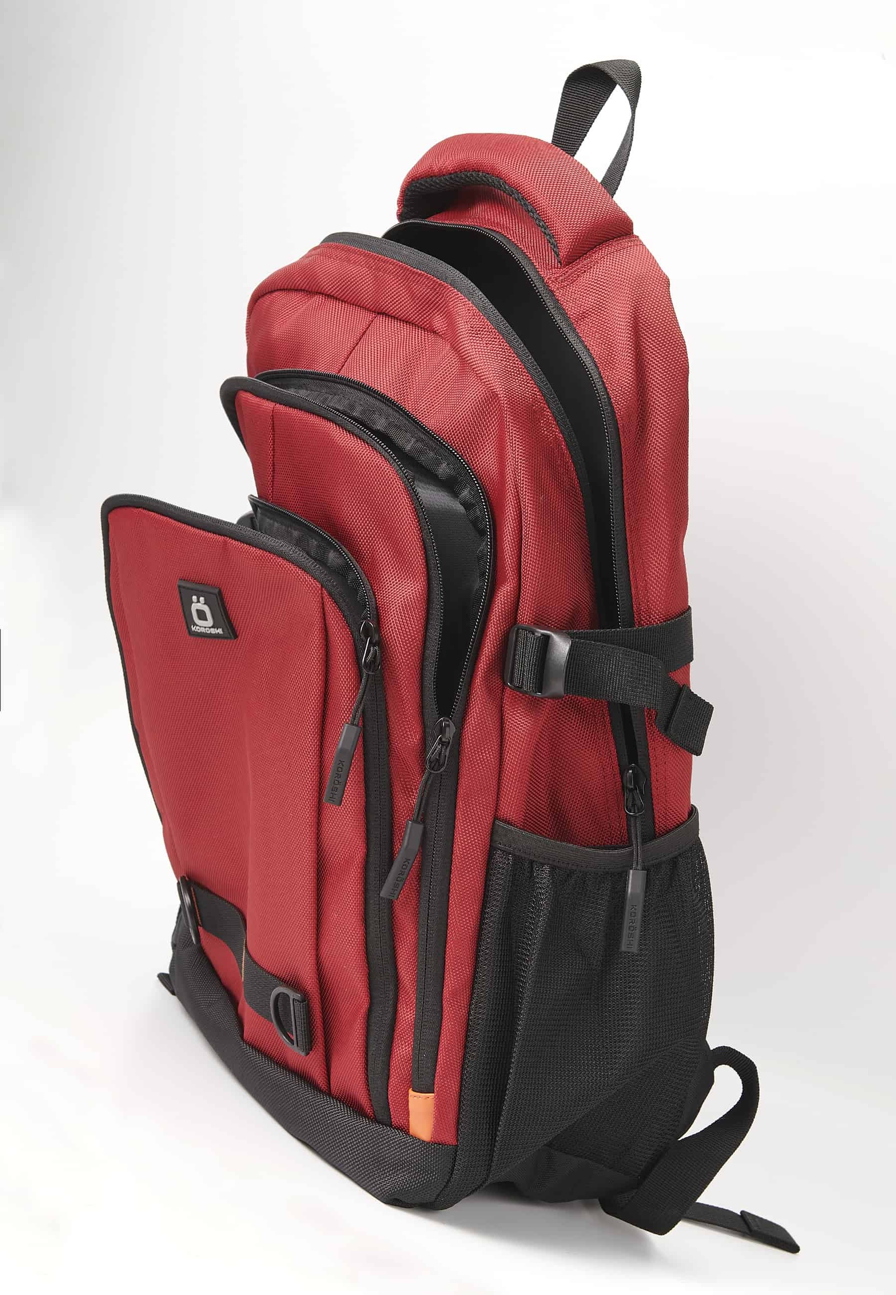 Koröshi-Rucksack mit drei Reißverschlussfächern, eines für Laptop, mit roten Innentaschen