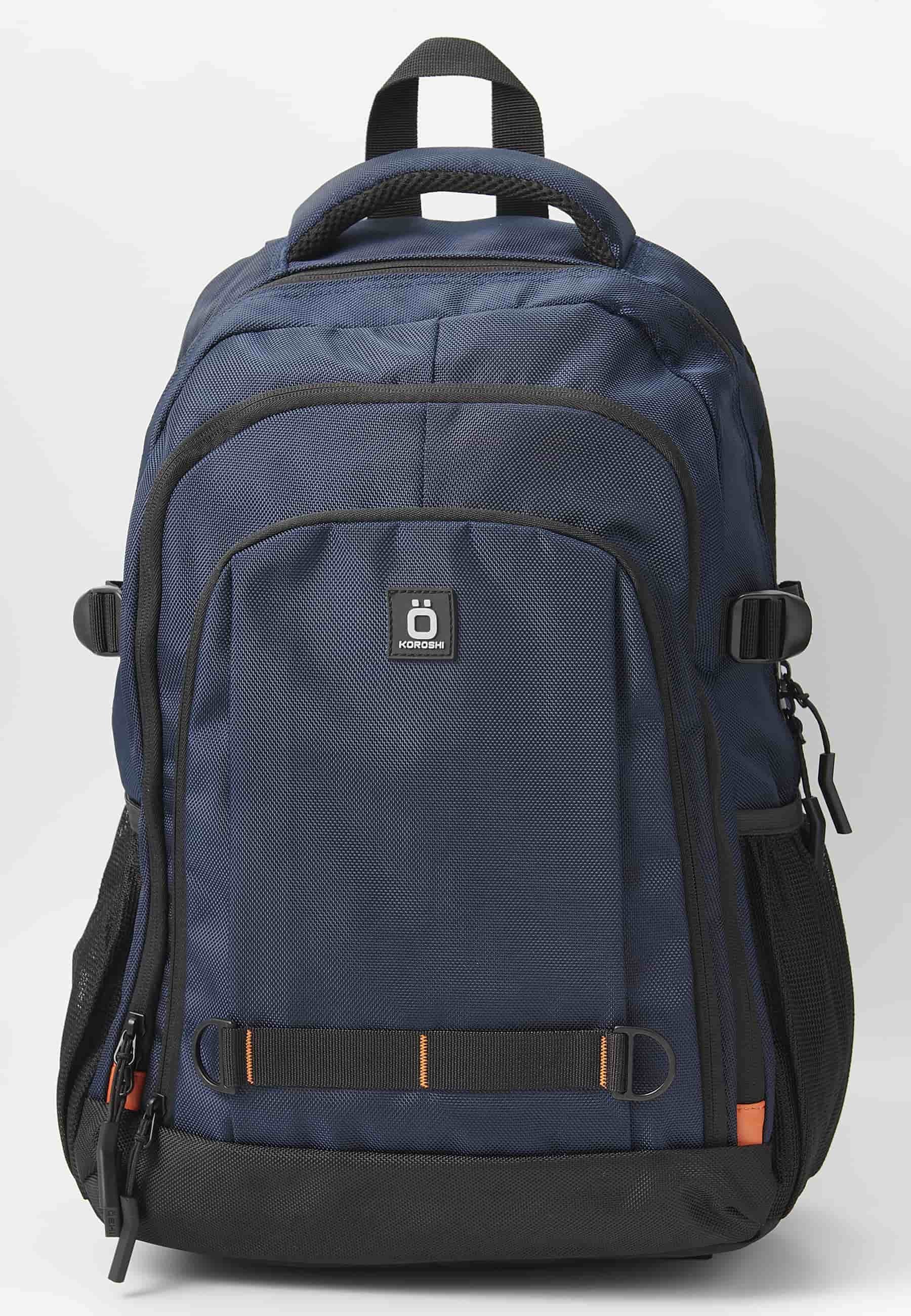Koröshi backpack with three zippered compartments, one for a laptop, with Navy interior pockets